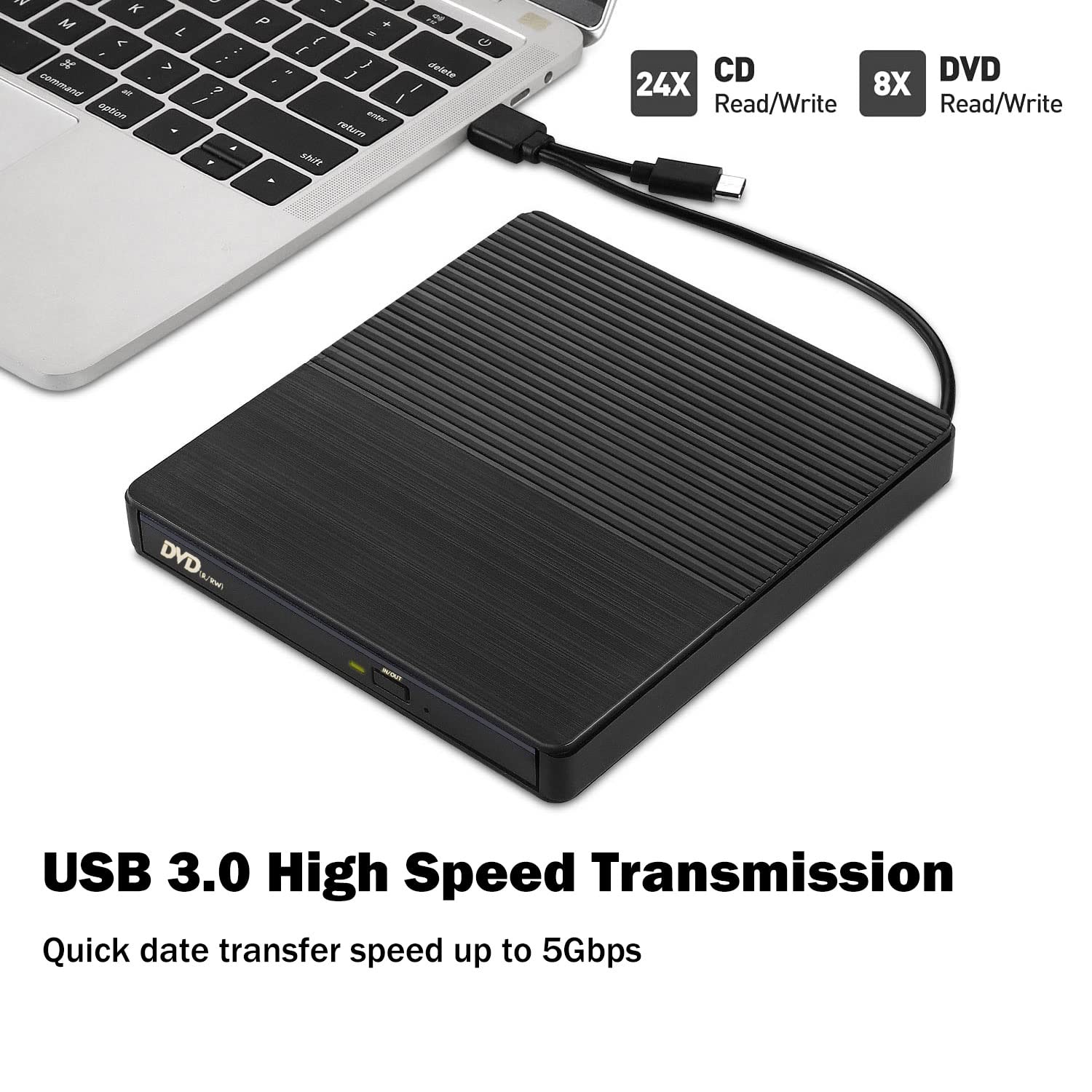 Intendvision External Cd Dvd Drive Usb 3.0 Type C Cd Rw Dvd R Combo Burner With Sd/Tf Slot, 2 Usb 2.0 Port For Pc Laptop Compute