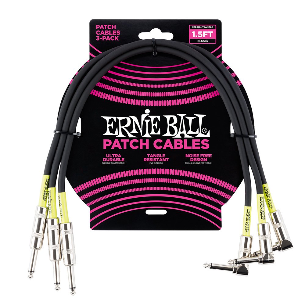 Ernie Ball Patch Cable 3 Pack, Straight/Angle, 1.5Ft, Black (P06076)