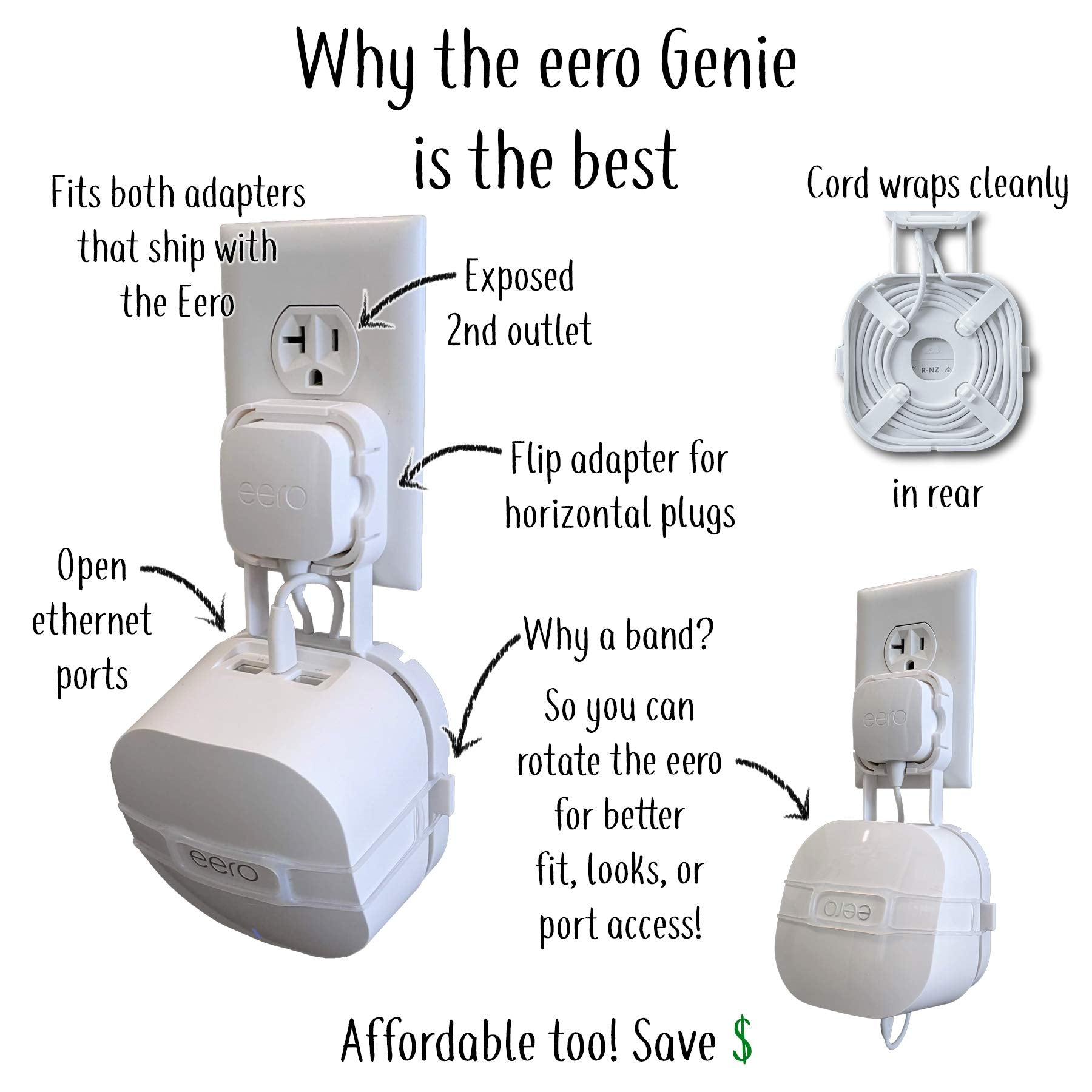 The Eero Genie For Eero 6, 6+, And Mesh Wi Fi: Wall Mount Outlet Holder Stand | Lowest Profile | Open Access | Multiple Install