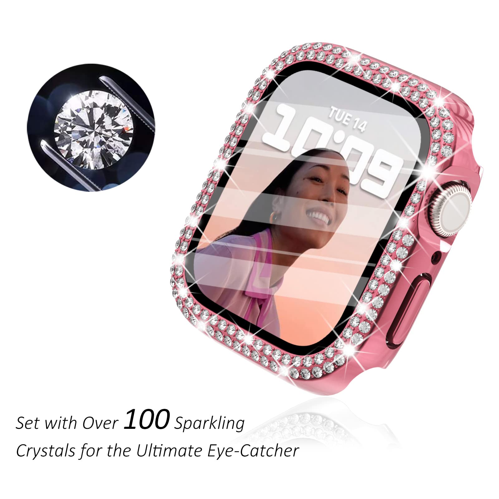 Surace Apple Watch Series 3/2/1 38Mm Case With Tempered Glass Screen Protector, Bling Diamond Overall Protective Case, Pink