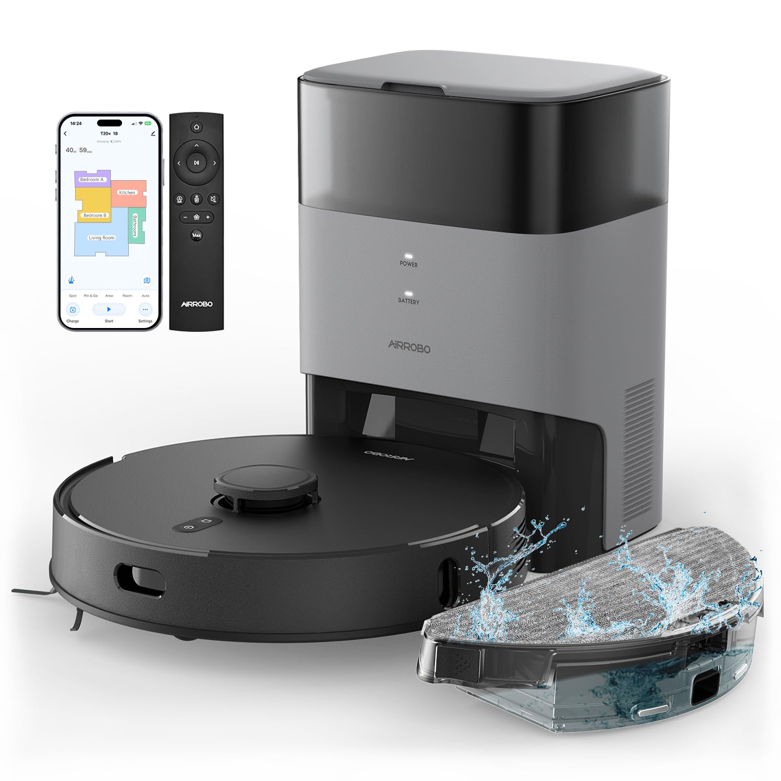 Airrobo Robot Vacuum And Mop Combo, Self Emptying, 60 Day Capacity, Home Mapping, Schedule, Wi Fi/App/Alexa/Remote, 180Mins Runt