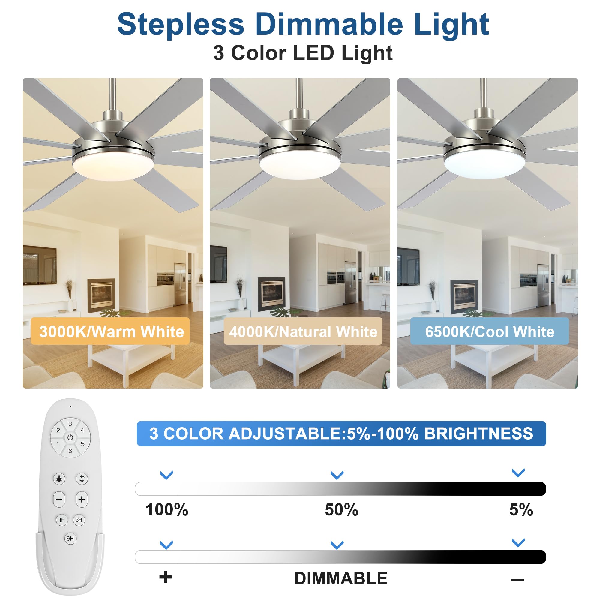 72 Inch Large Ceiling Fans With Lights And Remote, Quiet Modern Brushed Nickel Ceiling Fan For Indoor Or Outdoor Patio, 6 Speed