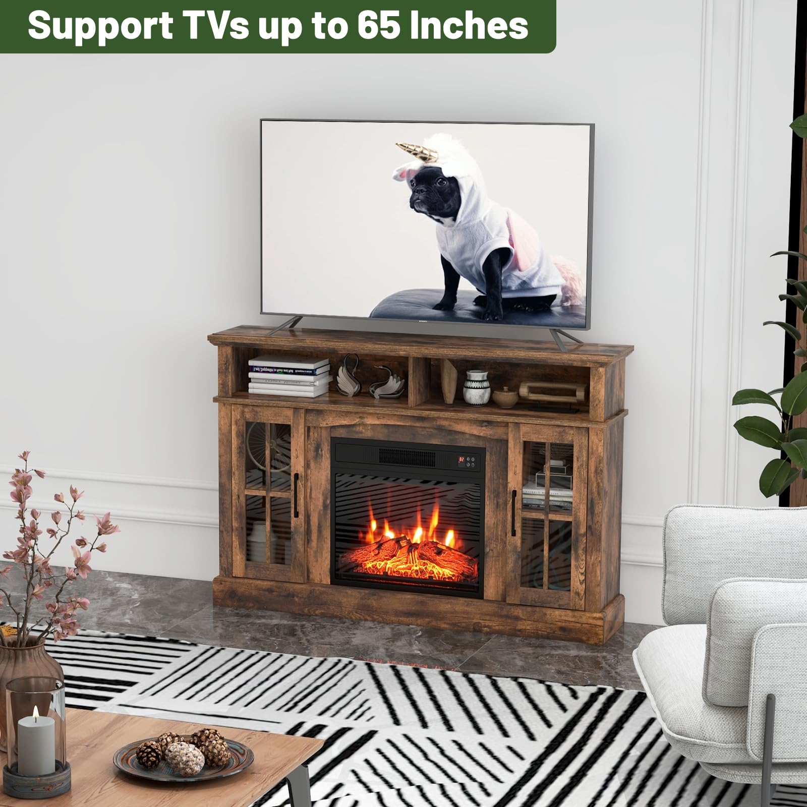 Simoe Fireplace Tv Stand With 23 Inch Fireplace, Electric Tv Console For Tvs Up To 65, Entertainment Center With 2 Cabinets & Re
