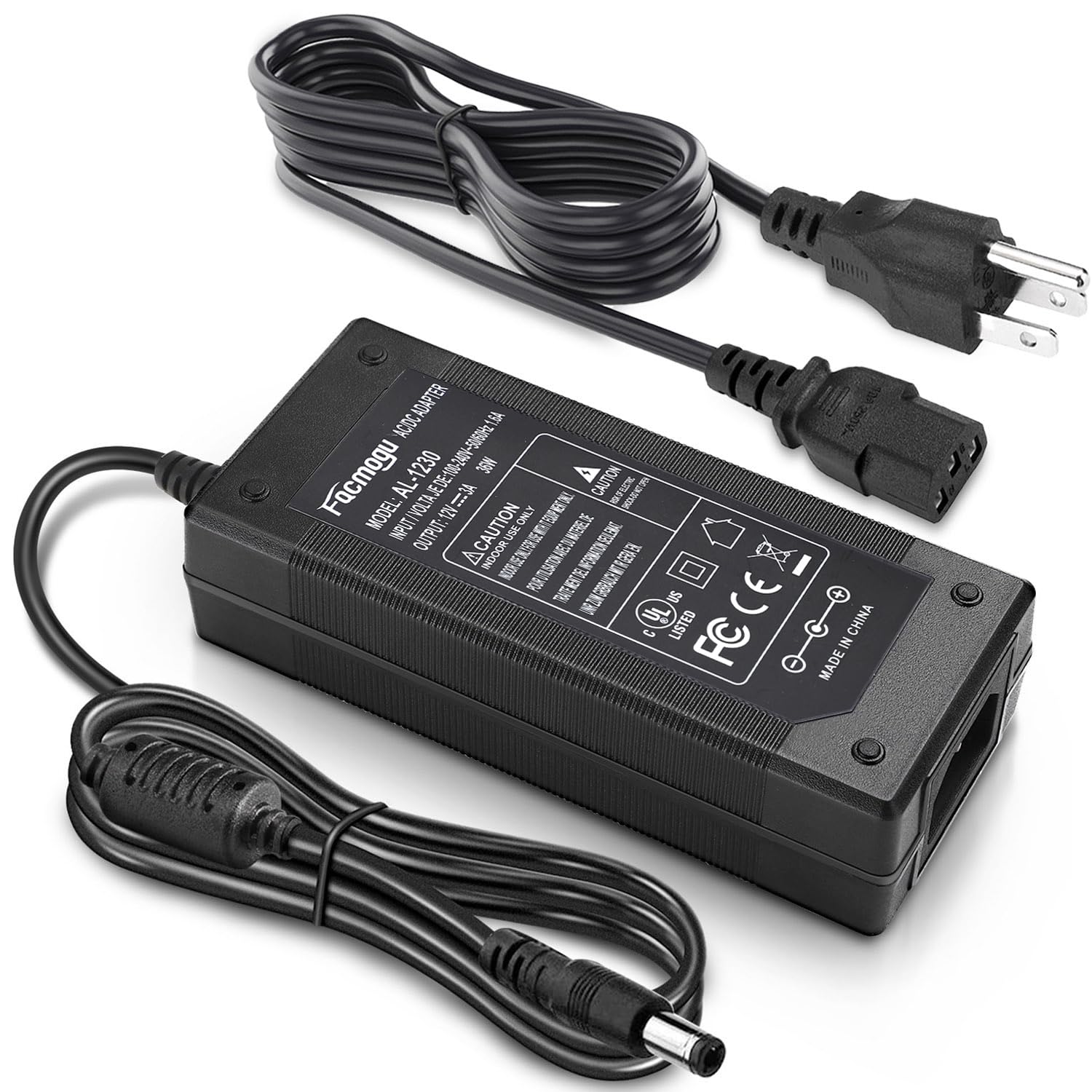 Facmogu 3 Prong DC 12V 3A 36W AC to DC Power Supply, Desktop Adpater