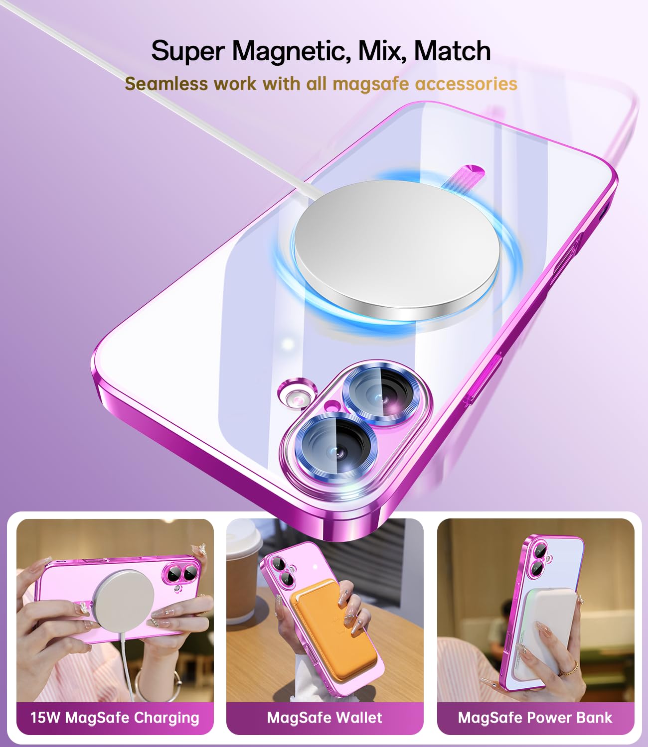 Waldeng For Iphone 16 Case With 1X Screen Protector, [Seamless Work With Magsafe] [Interchangeable Glitter Card], With Integrate