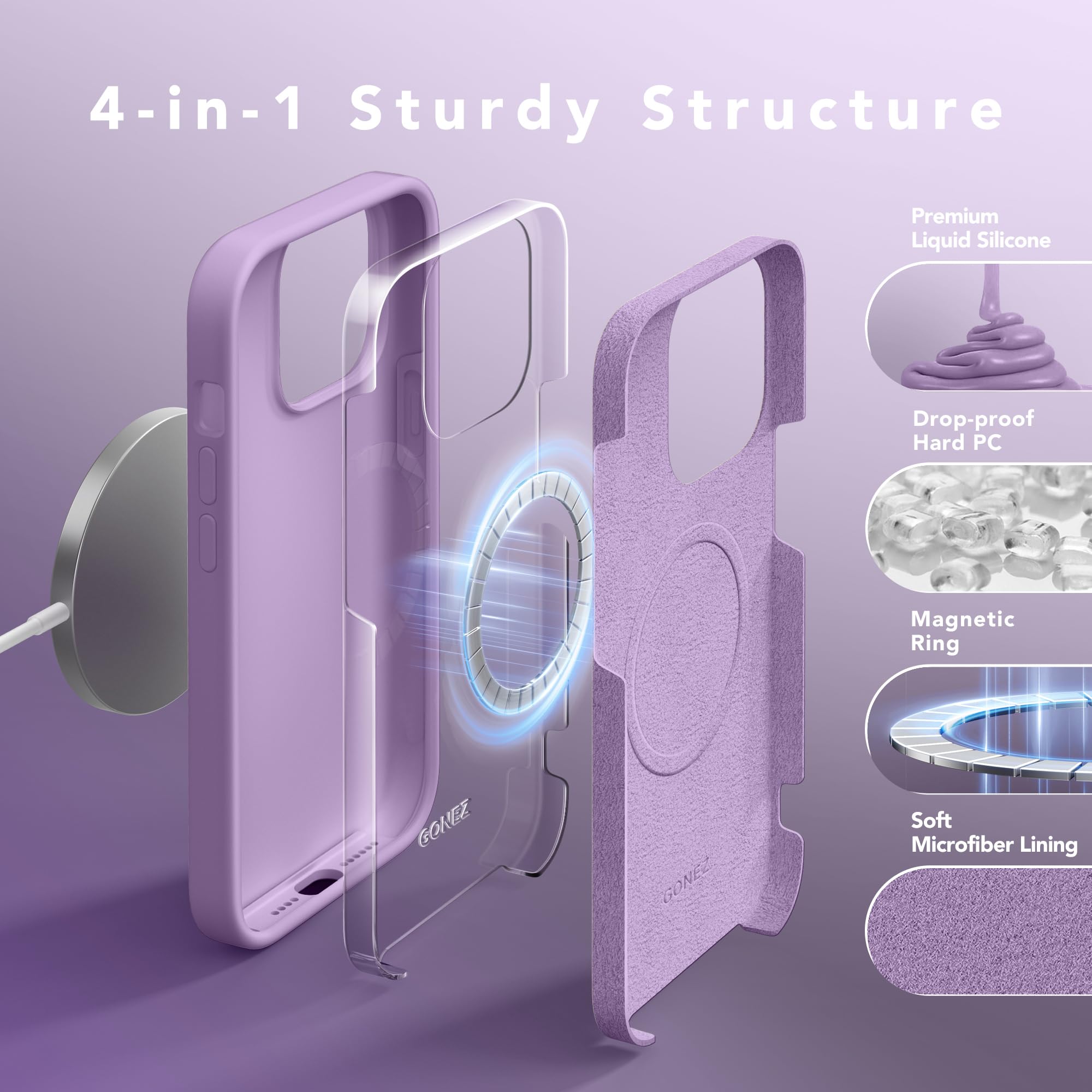 Gonez Magnetic Silicone For Iphone 13 Pro Max Case, [Compatible With Magsafe] [2X Screen Protector + 2X Camera Lens Protector],