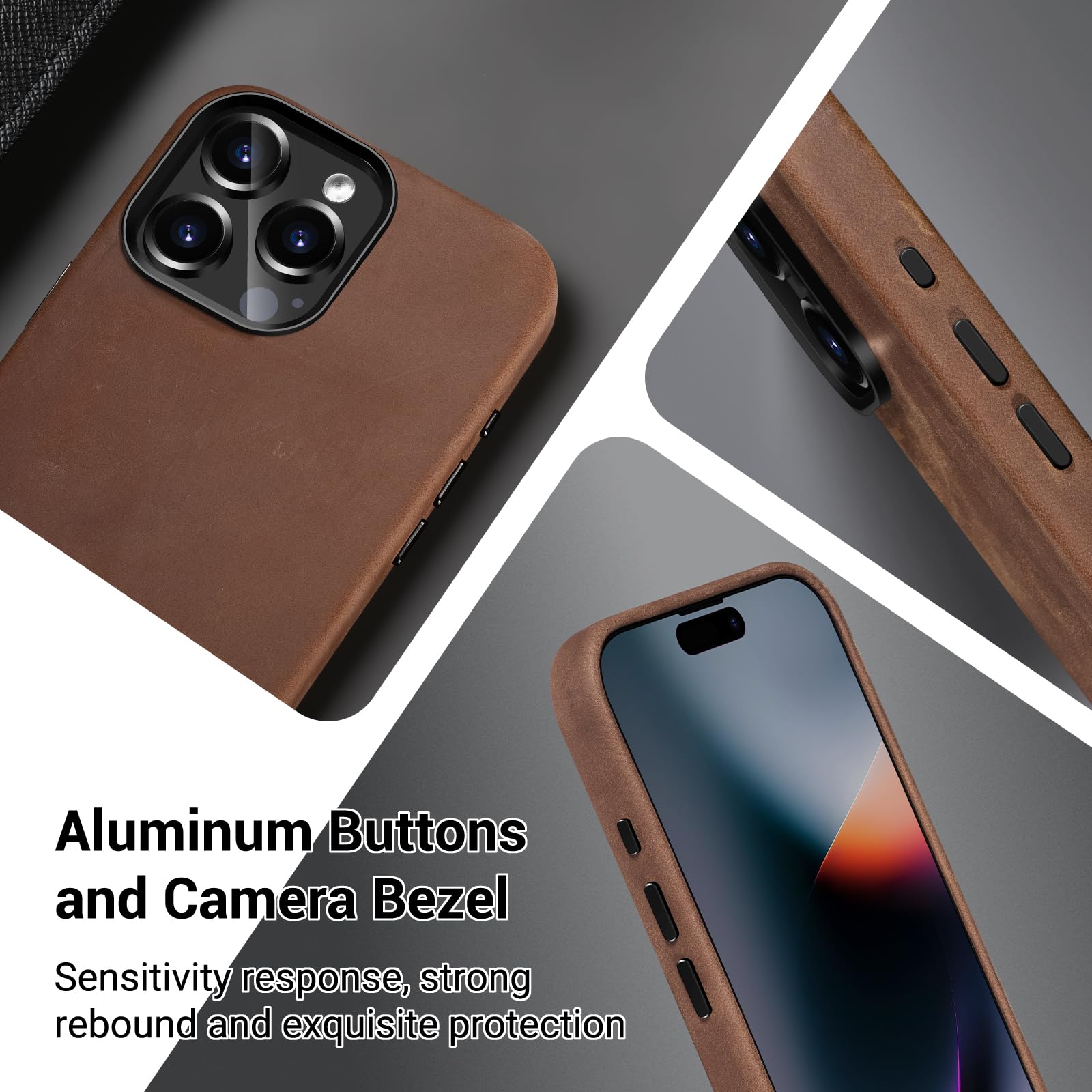 Belemay Compatible With Iphone 15 Pro Leather Case Magsafe - Top Grain Vintage Crazy Horse Leather - Metal Buttons & Camera Beze