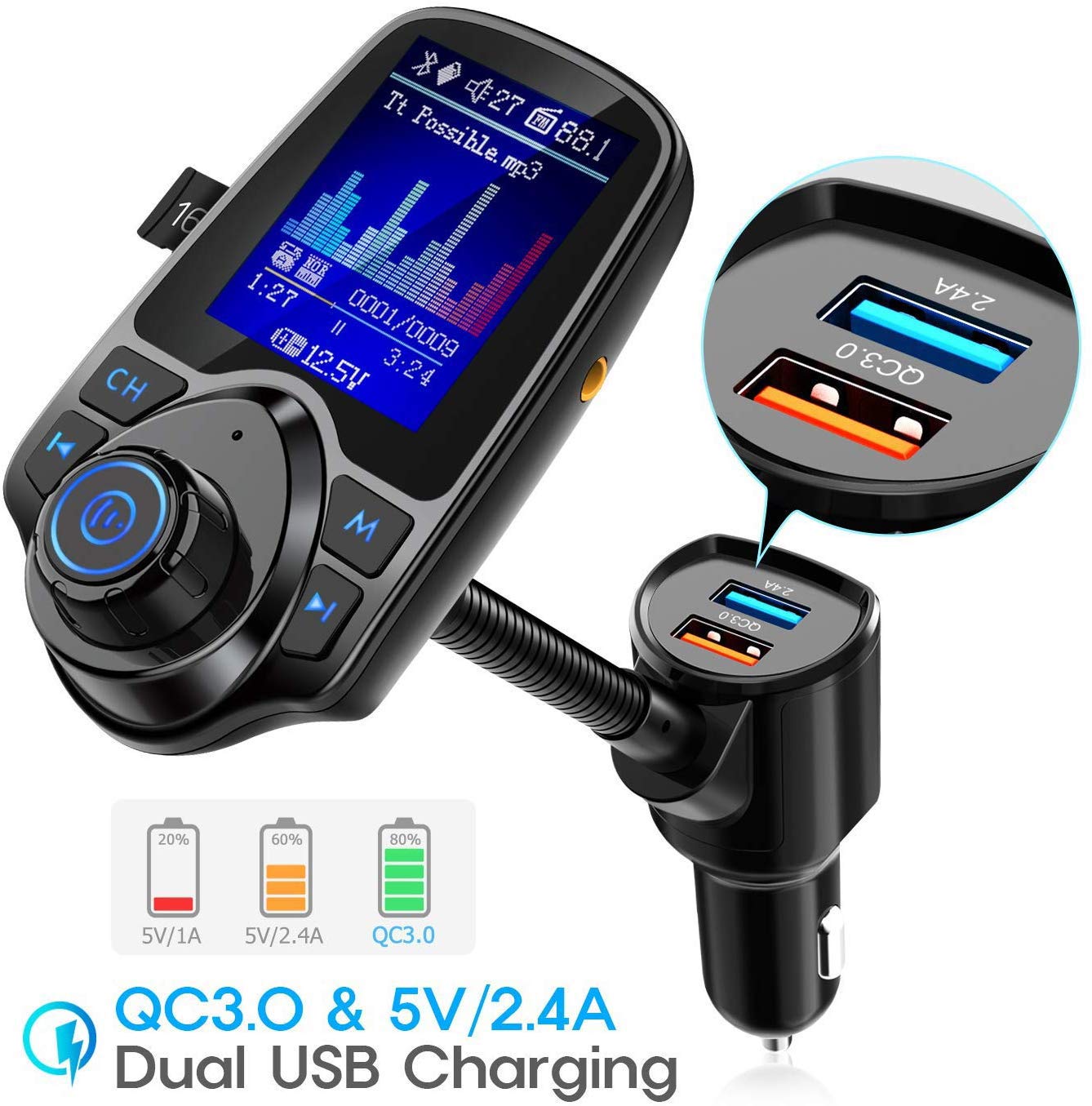 Nulaxy Wireless In Car Bluetooth Fm Transmitter Radio Adapter Car Kit W 1.8 Inch Display Supports Tf Sd Card And Usb Car Charger For All Smartphones Audio Players Km18 Color
