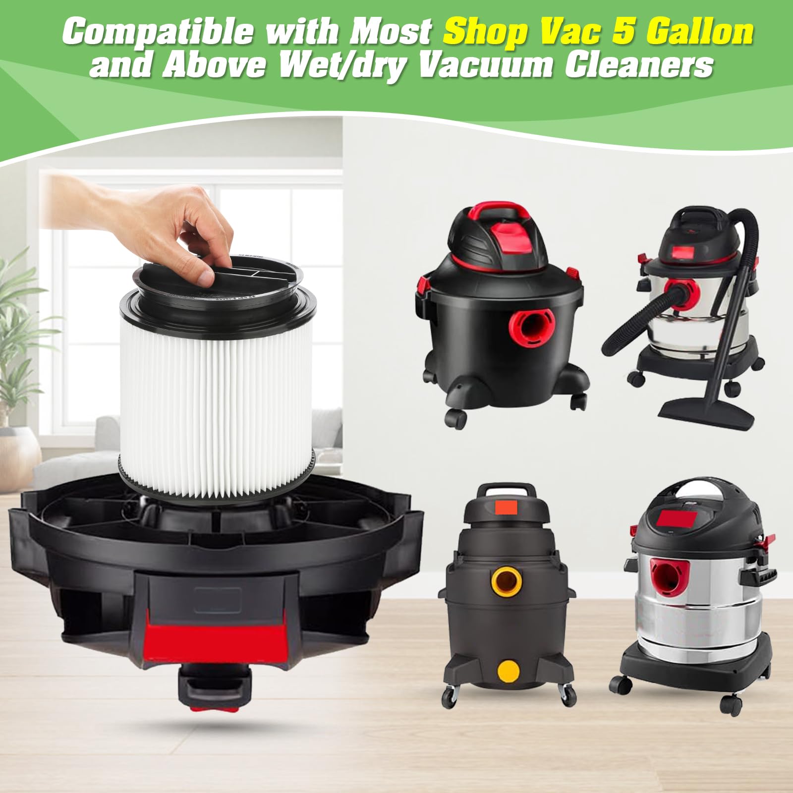 Gazeer 90304 Replacement Filter With Lid Compatible With Shop Vac 90304, 90350, 90333,90585,5 Gallon And Above Wet/Dry Vacuum Cl