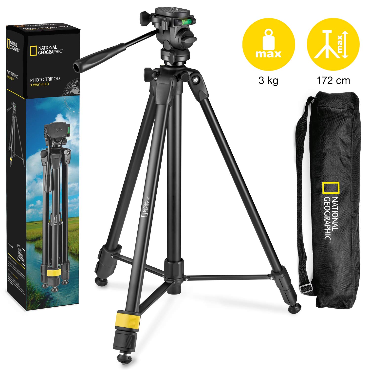 National Geographic Photo Tripod Kit with Monopod, 3-Way Head, Aluminium, Black, Model NGHP004, Load Capacity 3kg