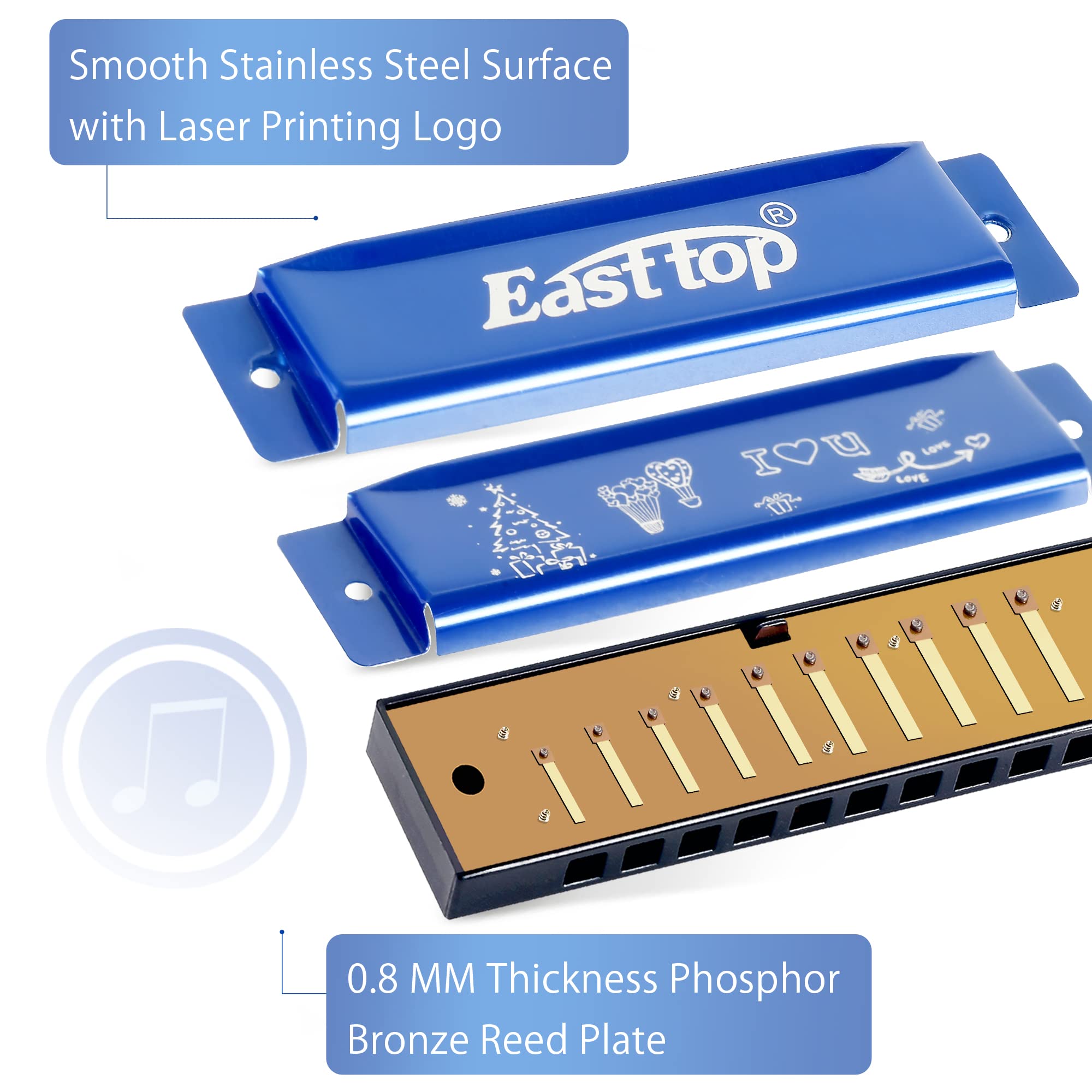 East Top Blues Harmonica, Diatonic Harmonica Key Of C 10 Holes 20 Tones Mouth Organ Blues Harp Harmonica For Adults, Kids, Begin