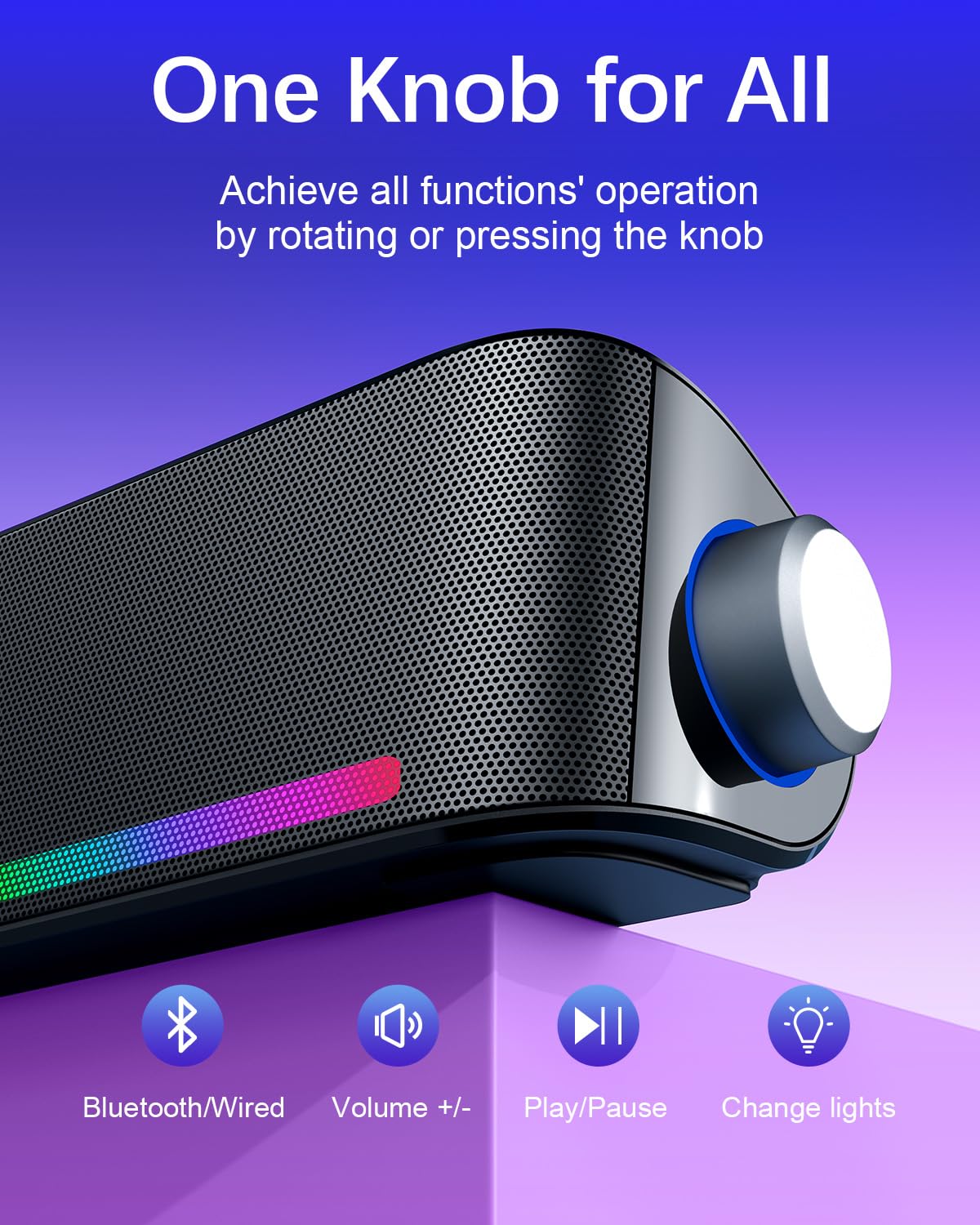 Computer Speakers, Hi Fi Sound Quality Computer Sound Bar, Bluetooth 5.0 & 3.5Mm Wired Pc Speakers With 4 Dynamic Lighting Modes