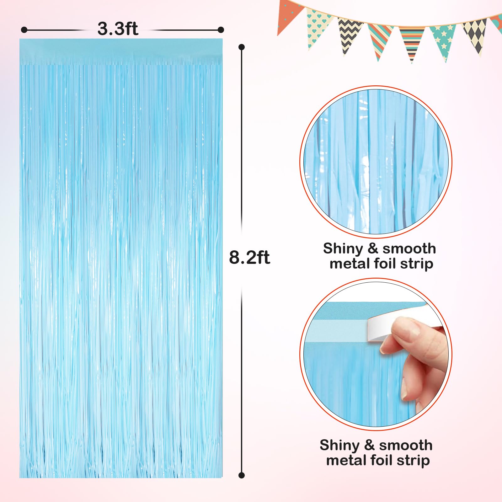 Macaron Light Blue Metallic Tinsel Foil Fringe Curtains, 2 Pack 3.3X8.3 Feet Party Streamer For Birthday Party Decorations, Hall