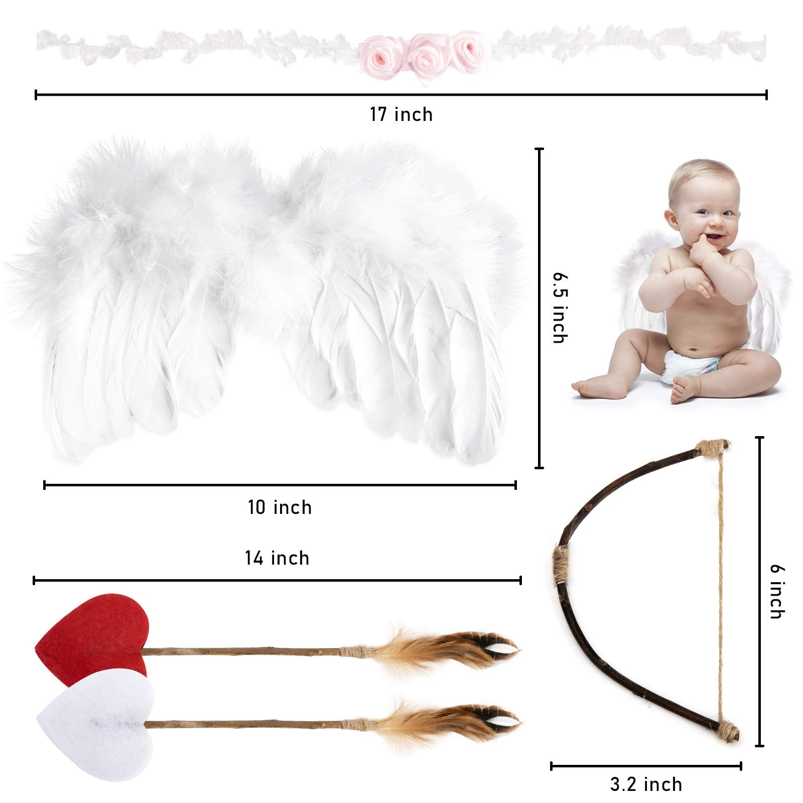 Amor Present Baby Angel Wings, 5Pcs Newborn Photoshoot Clothes White Angel Feather Wing Baby Cupid Costume Set With Headband Bow