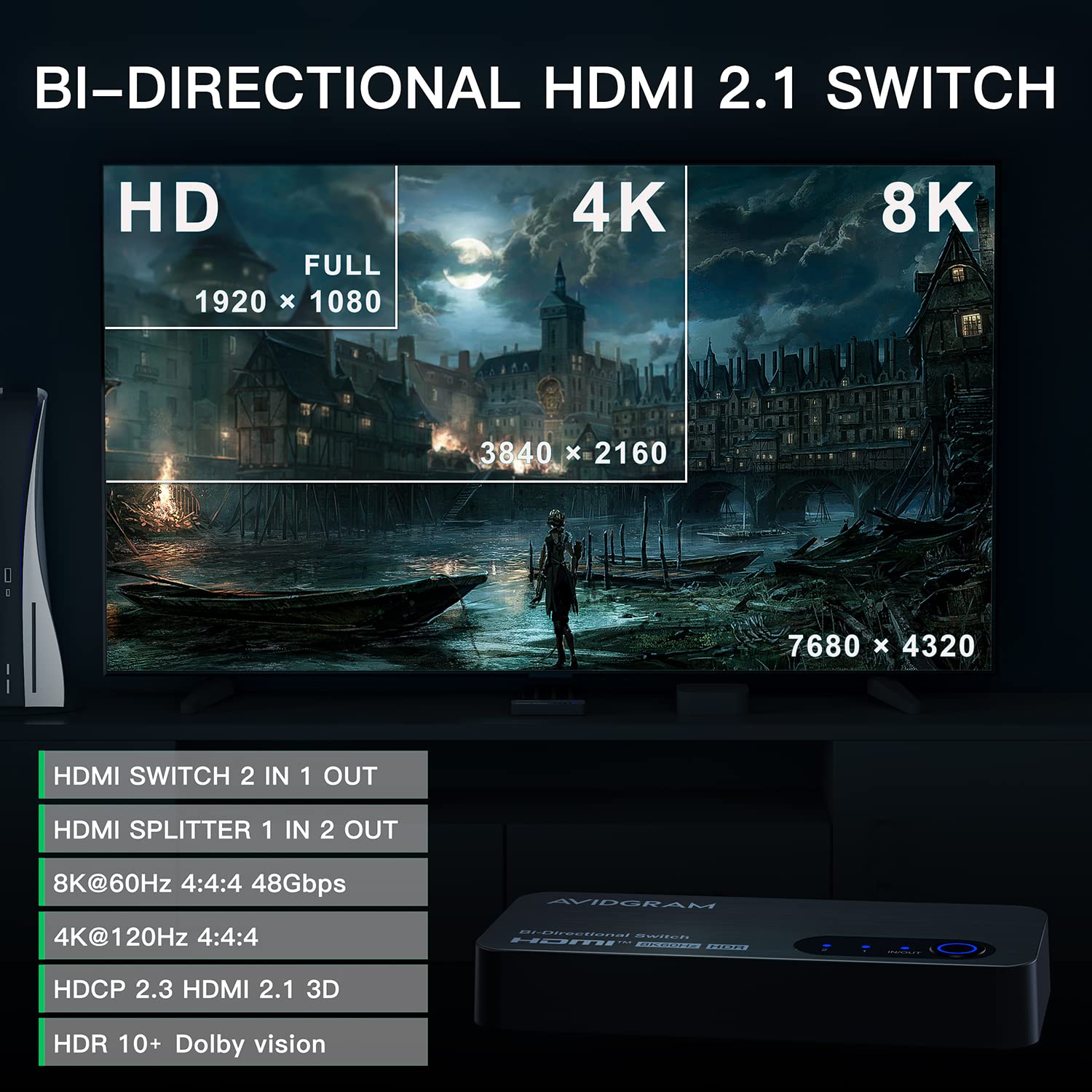Hdmi Switch 8K@60Hz Splitter, Avidgram Bidirectional Hdmi Switcher 2 In 1 Out, Splitter 1 In 2 Out, Support 4K@120Hz, Compatible