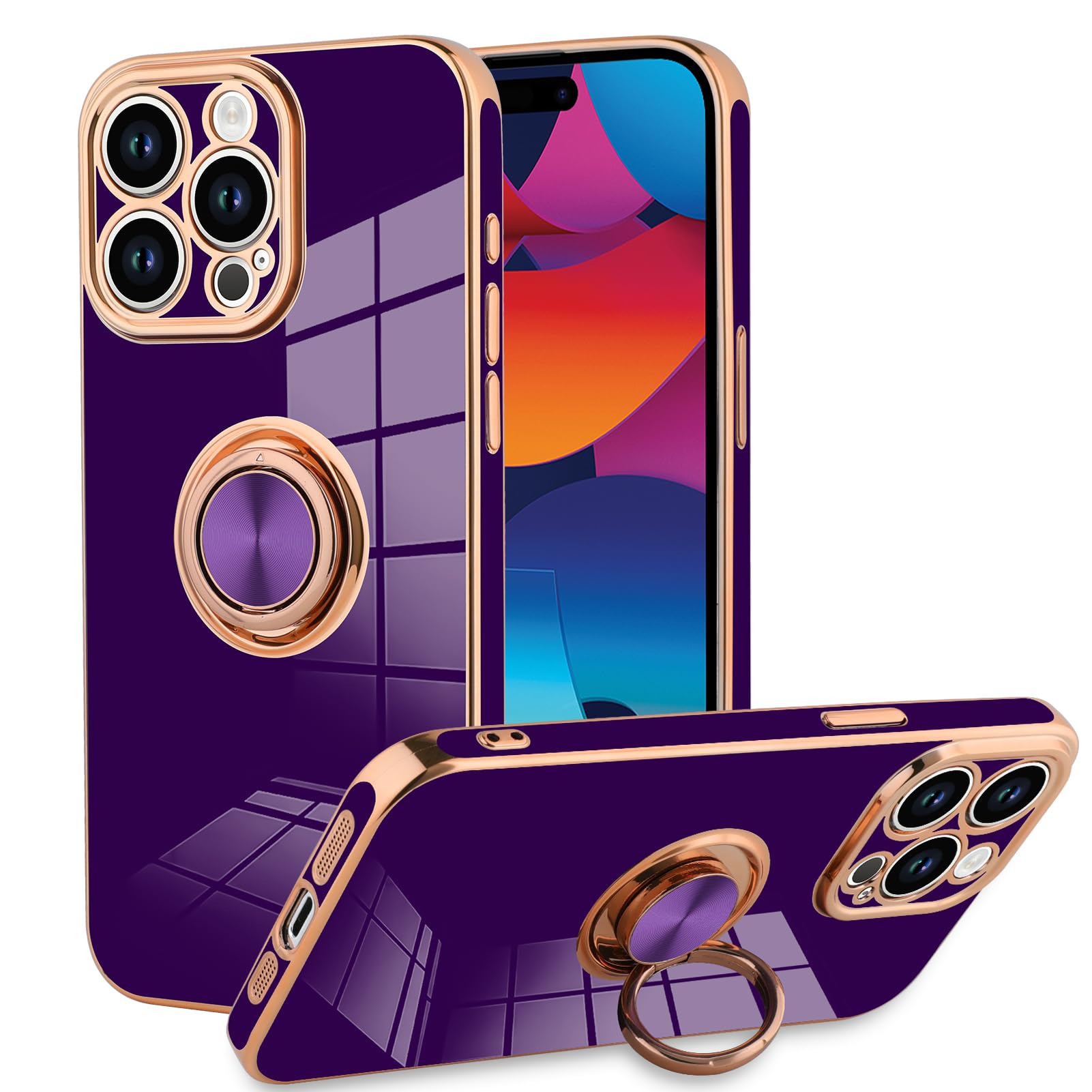 KANGHAR Phone Case Compatible with iPhone 15 Pro Max for Women Girls, Plating Built-in 360 Rotation Magnetic Ring Kickstand Hold