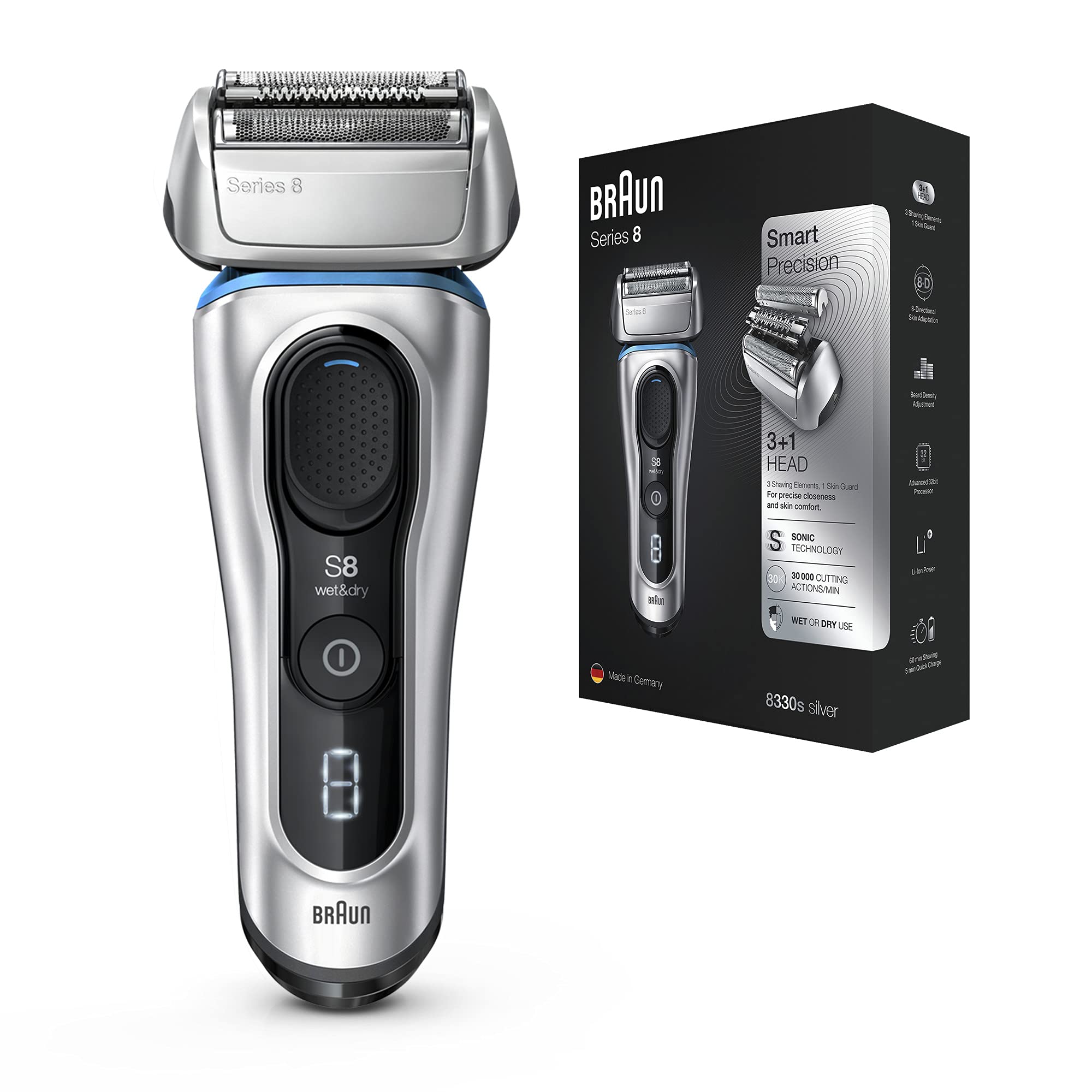 Braun Series 8 8330S Next Generation, Electric Shaver For Men, Rechargeable And Cordless Razor, Silver, Fabric Travel Case, Wet