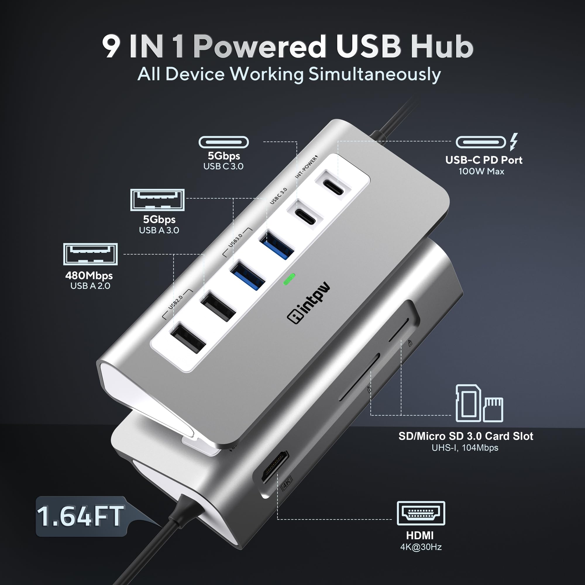Usb C Hub, Intpw 9 In 1 Usb C Hub Multiport Adapter With 4K Hdmi, Pd 100W, Usb C And 2 Usb A 3.0 5Gbps, 2 Usb A 2.0, Sd/Tf Card