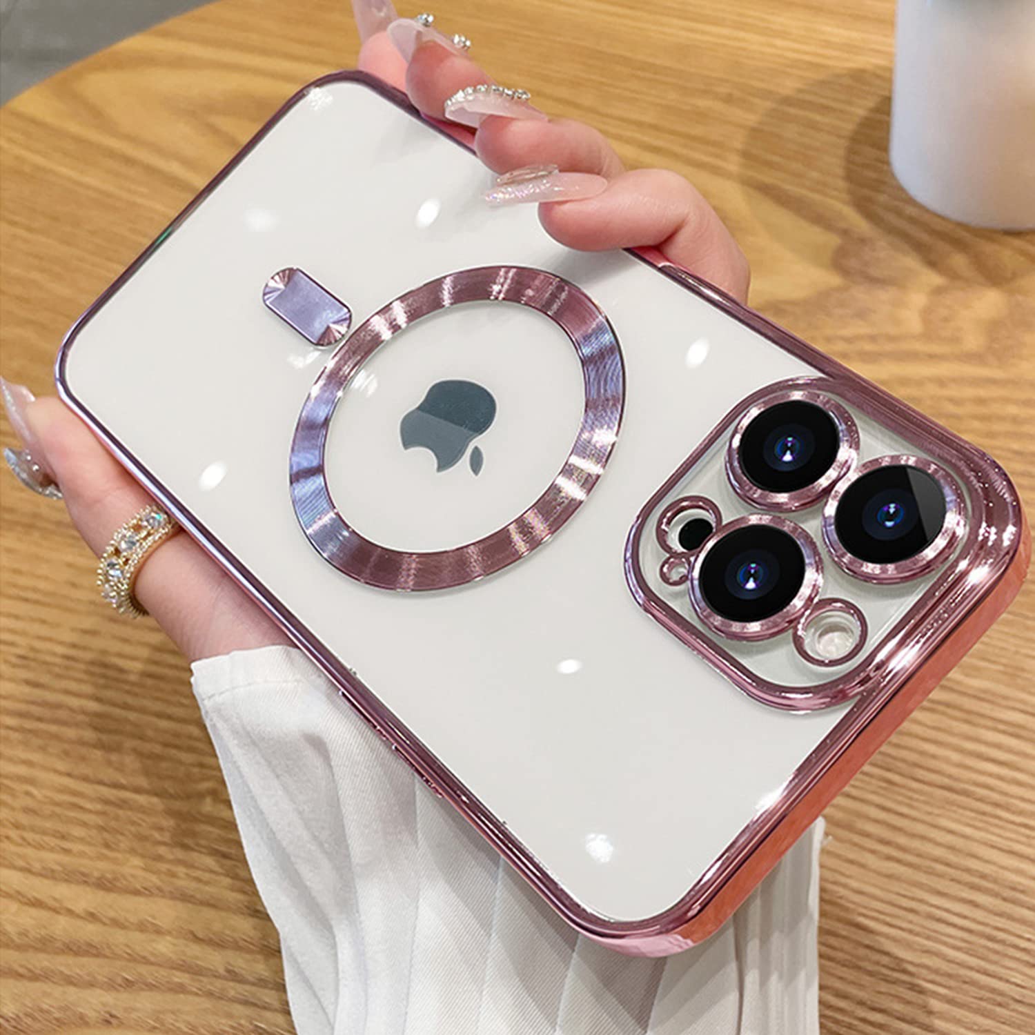 Misscase Iphone 13 Pro Magsafe Case With Lens Protector, Clear Magnetic Anti Scratch Cover   Rose Gold