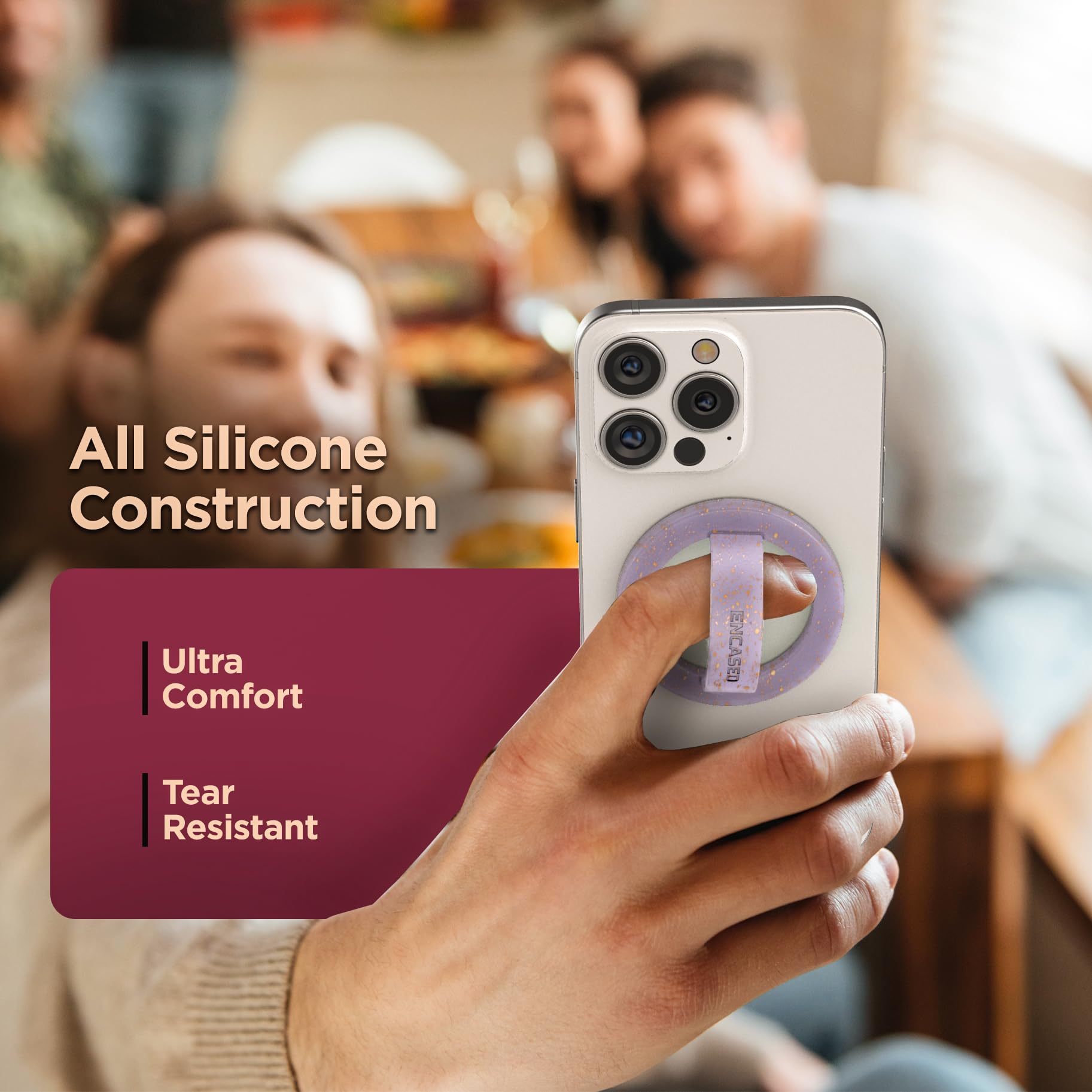 Encased Magnetic Phone Grip Holder (Compatible With Magsafe) Thin Silicone Finger Loop Ring For Iphone (Purple Glitter)