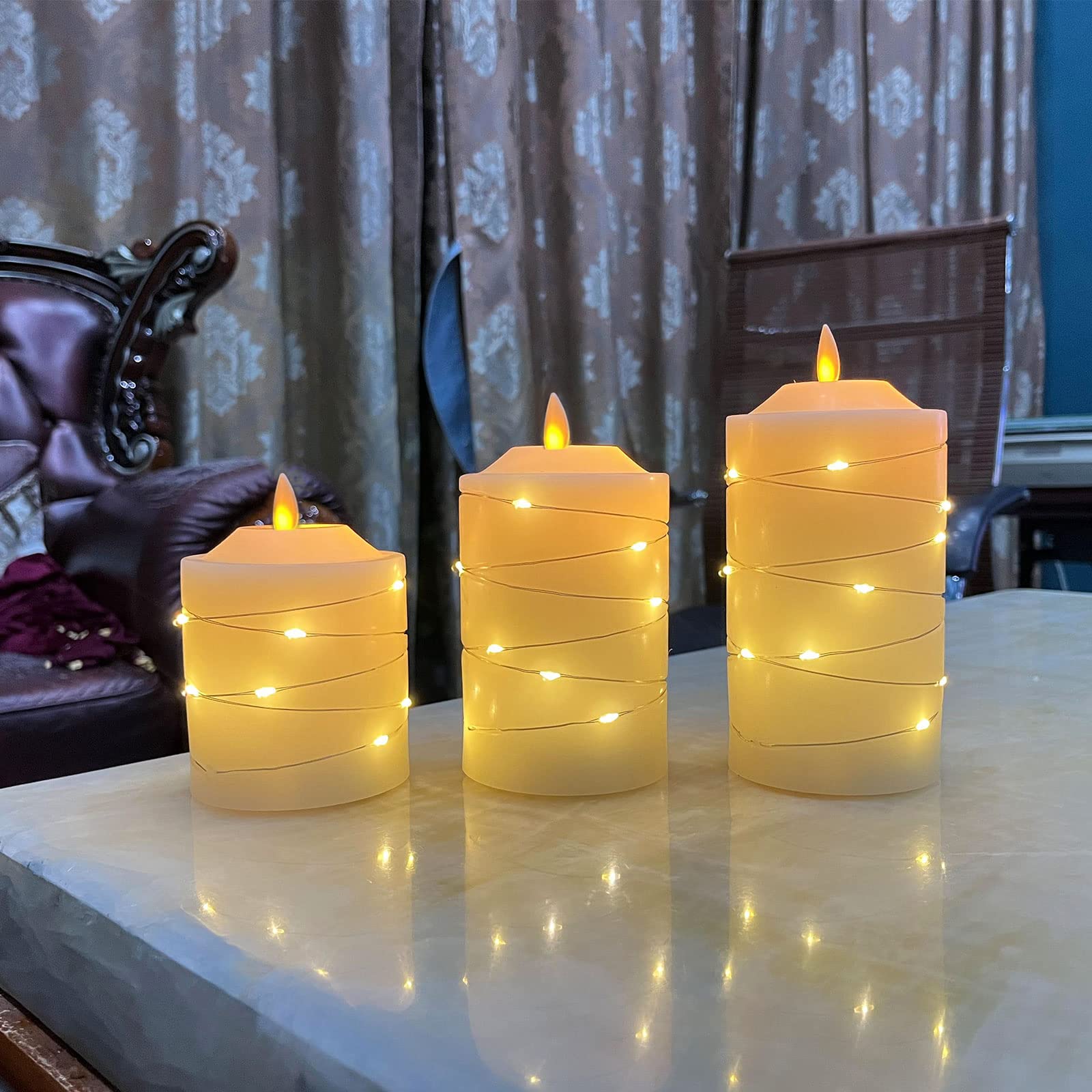 Battery Operated Flameless Led Candles: With Embedded String Lights, 3 Pack Flickering Electric Candle With 10 Key Remote Contro