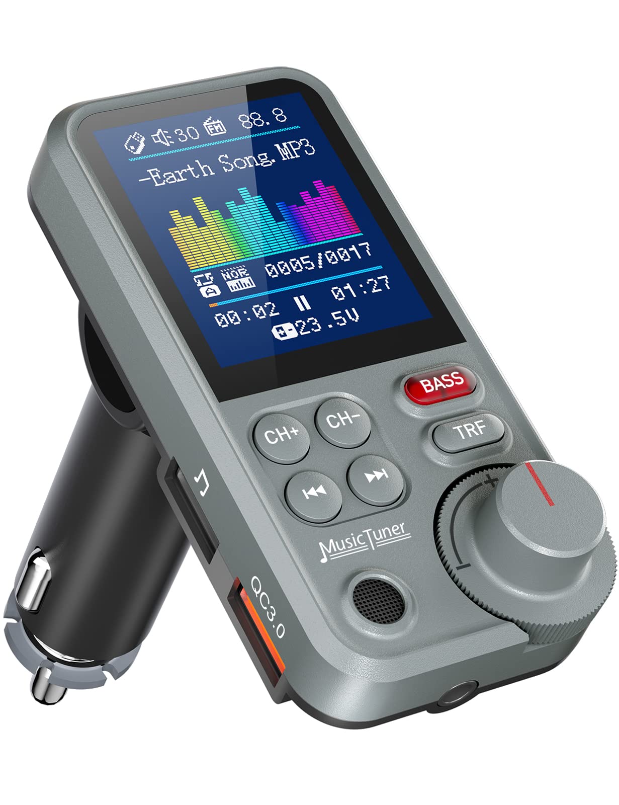 Nulaxy Fm Bluetooth Transmitter For Car, Strong Microphone Bluetooth Car Adapter With 1.8' Color Screen For Hands Free Calls, Supports Qc3.0 Charging, Treble And Bass Sound Music Player  Km30 Grey