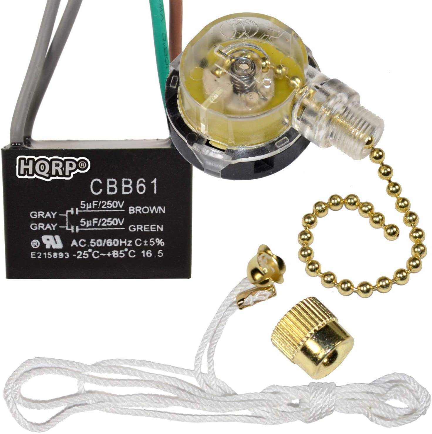 Hqrp Kit Ceiling Fan Capacitor Cbb61 5Uf+5Uf 4 Wire Ul Listed And 3 Speed Fan Switch