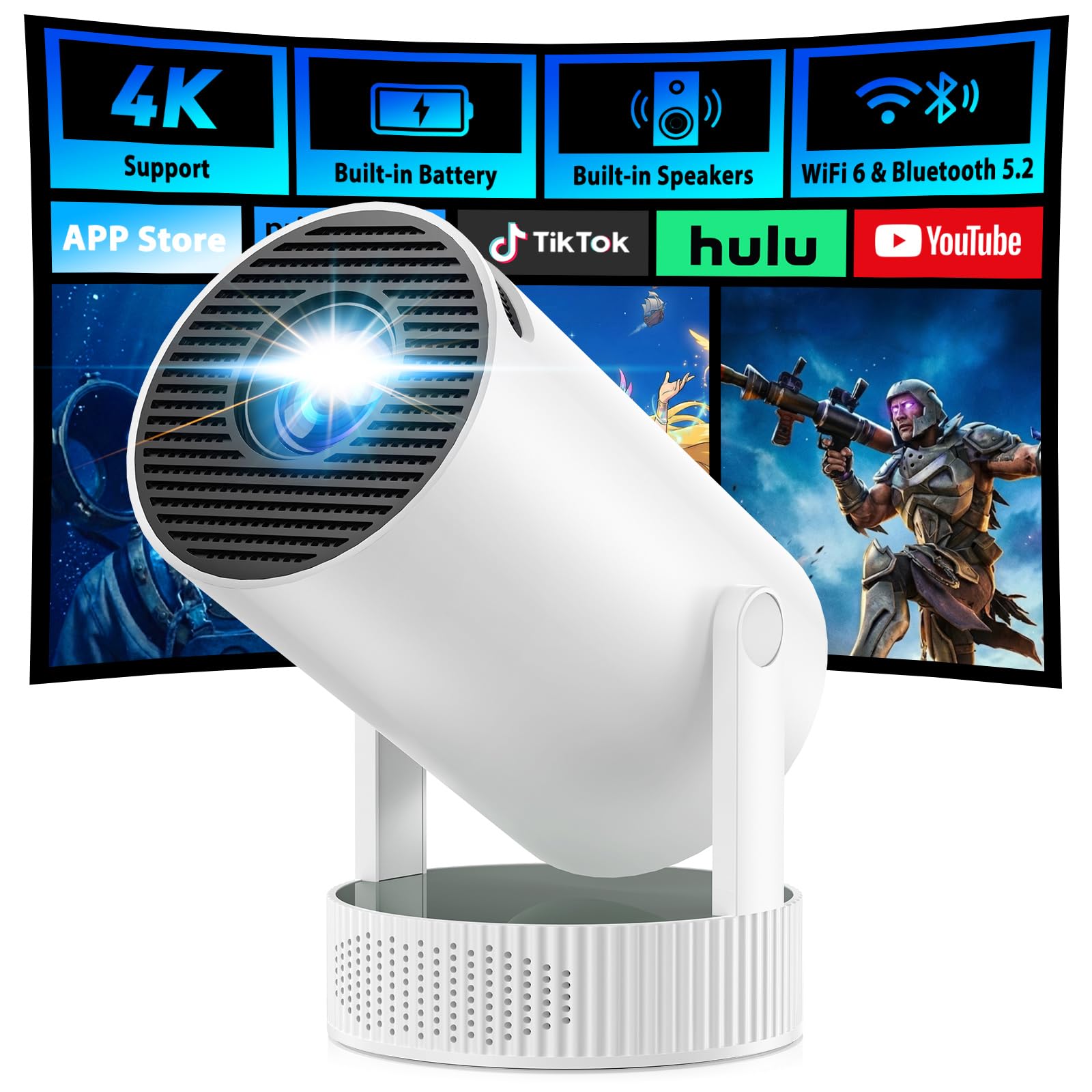 Mini Projector, Projector with Wifi and Bluetooth Built-in Battery 4K Portable Projector for Outdoor Bedroom, Smart Projectors 1