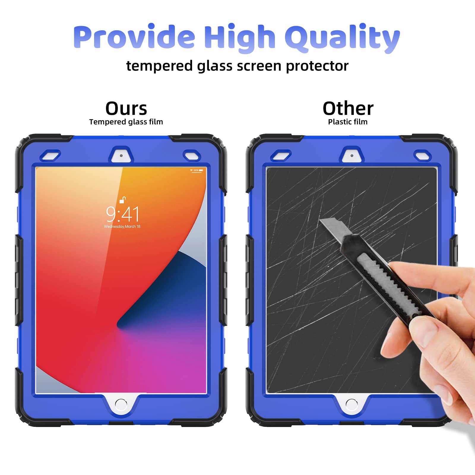 Blosomeet Case For Ipad 8Th 9Th Generation 2020 2021 10.2 Inch With Tempered Glass Screen Protector & Pencil Holder,Rugged Ipad