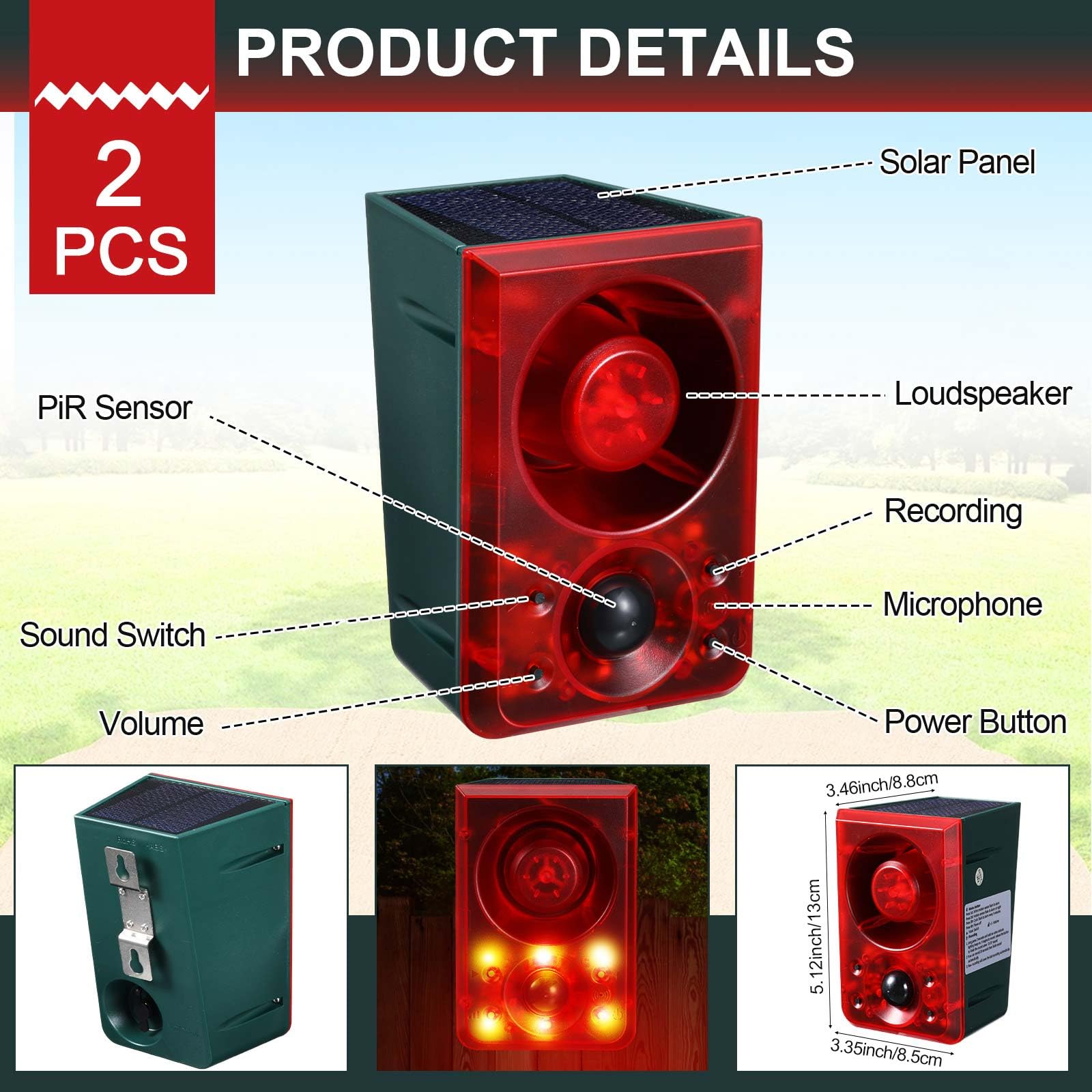 Qualirey 2 Pcs Solar Outdoor Motion Sensor Alarm Animal Deterrent Gunshot Sound Dog Barking 130Db Loud Noise Maker 3 Modes With