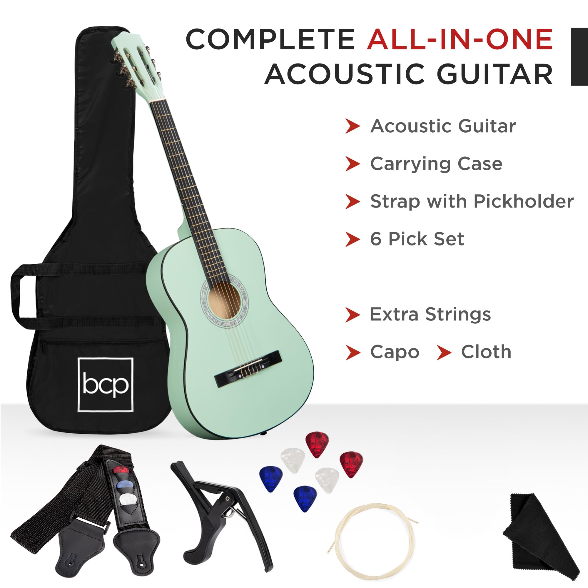 Best Choice Products 38In Beginner All Wood Acoustic Guitar Starter Kit W/Gig Bag, 6 Celluloid Picks, Nylon Strings, Capo, Cloth