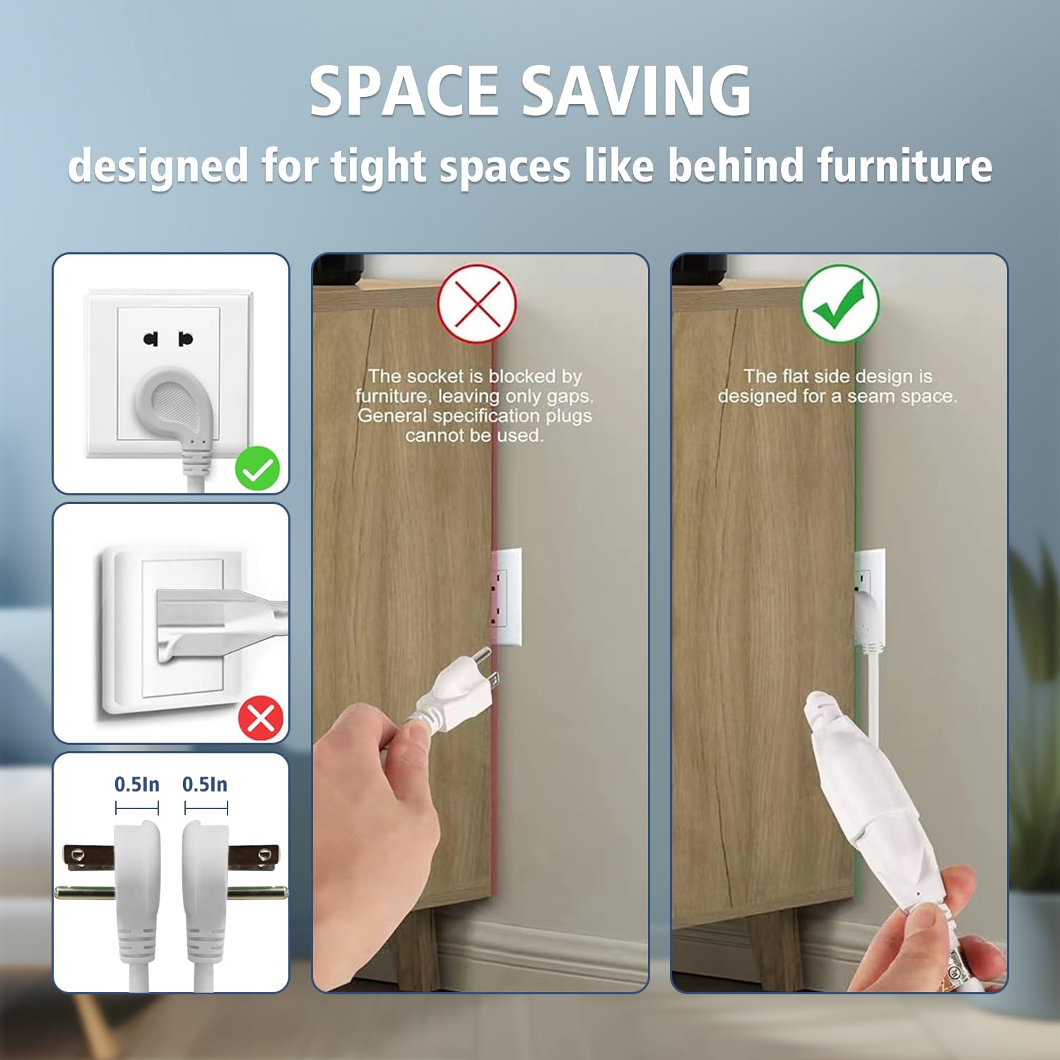 1875W Short Extension Cord,15A 14Awg Low Profile Flat Plug Heavy Duty Extension Cord Outlet Saver 3 Prong Grounded Power Extensi