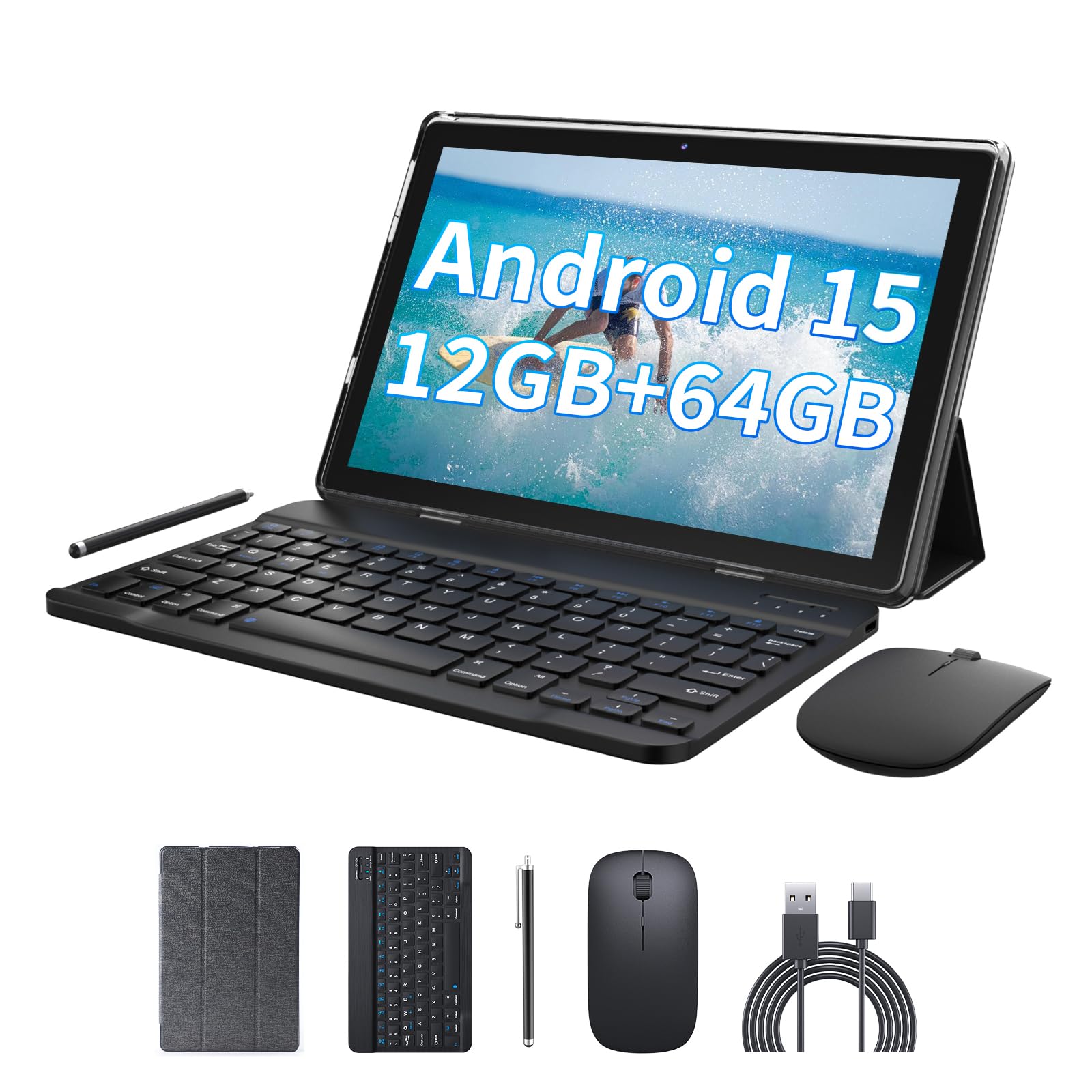 2 in 1 Android Tablet 12GB RAM+64GB ROM Tablets 10 inch Android 15 Tablet Set, Tablets with Keyboard Case Mouse Stylus, 10.1 IN 