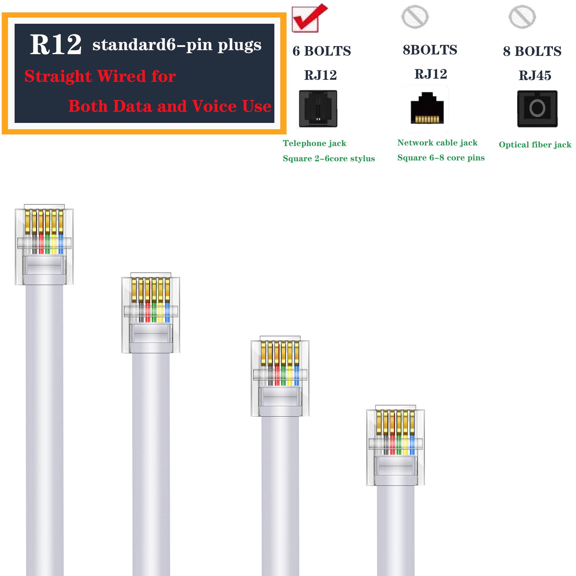 Lansensu Rj12 Cable Phone Cord Rj12 6P6C Male To Male Straight Wired For Both Data And Voice Use   2Pack (White, 3.3Ft)