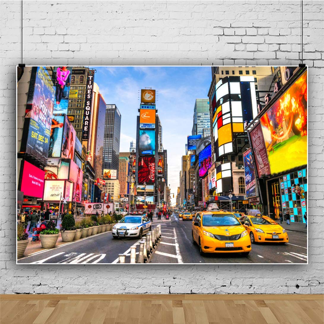Laeacco 10X8Ft New York Times Square Background Modern City Skyscrapers Vinyl Photography Backdrops Clear Sky Various Advertising Board Yellow Taxi Car Financial District Film Shooting Video Studio