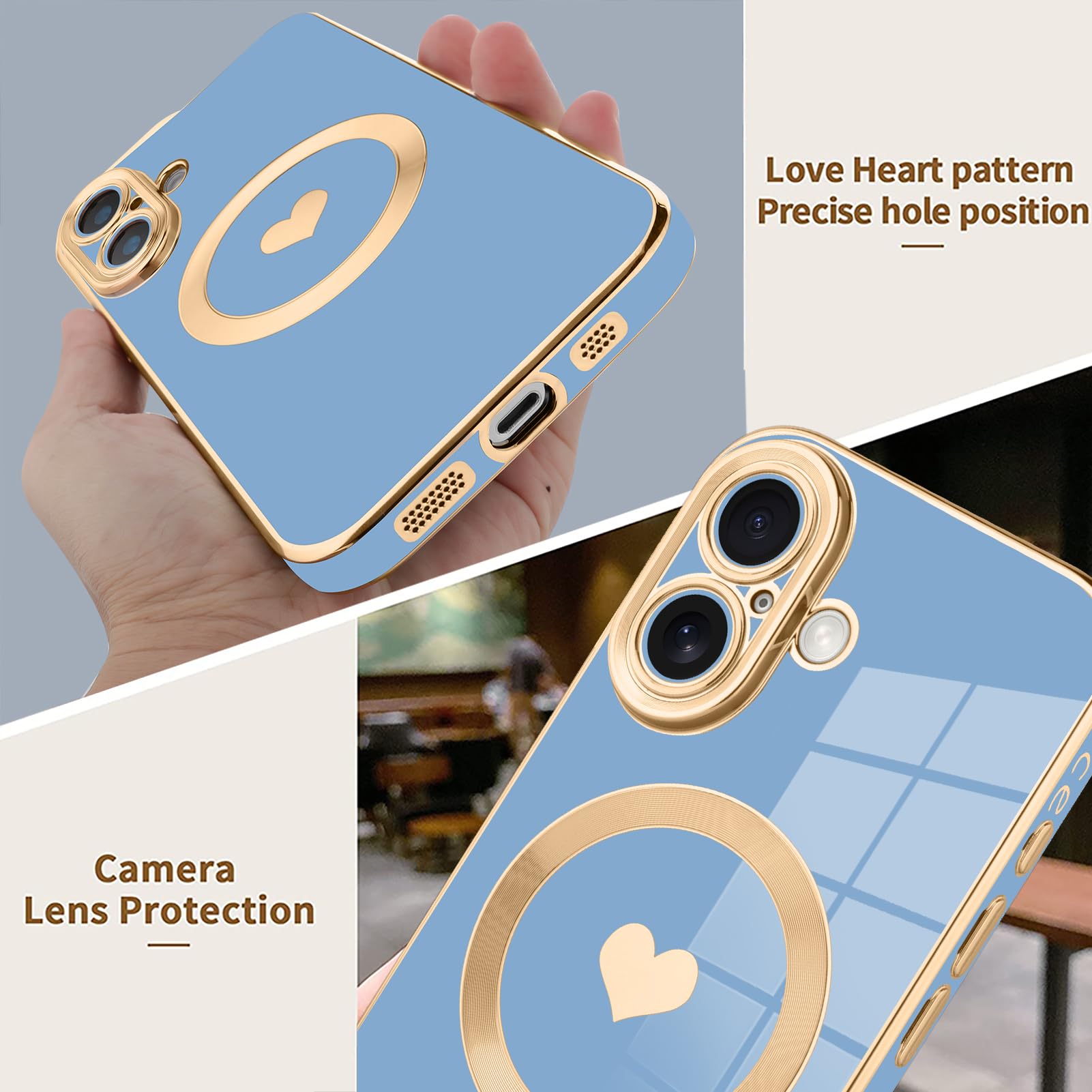Tharlet Magnetic For Iphone 16 Plus Case [Compatible With Magsafe] Cute Love Luxury Plating Edge Bumper Case With Full Camera Le