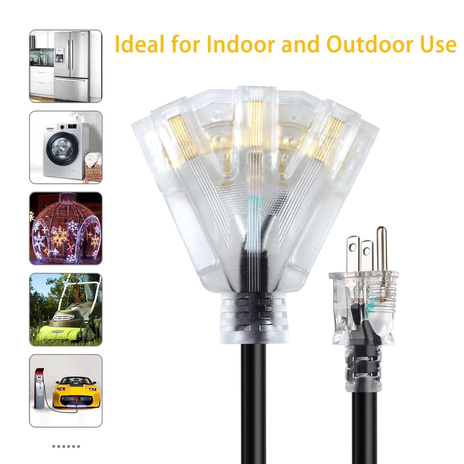 25 Ft 12/3 Extension Cord Heavy Duty Black 3 Outlet Indoor/Outdoor Sjtw Lighted 12 Gauge Grounded Power Cable ,12Awg 15 Amp, 187