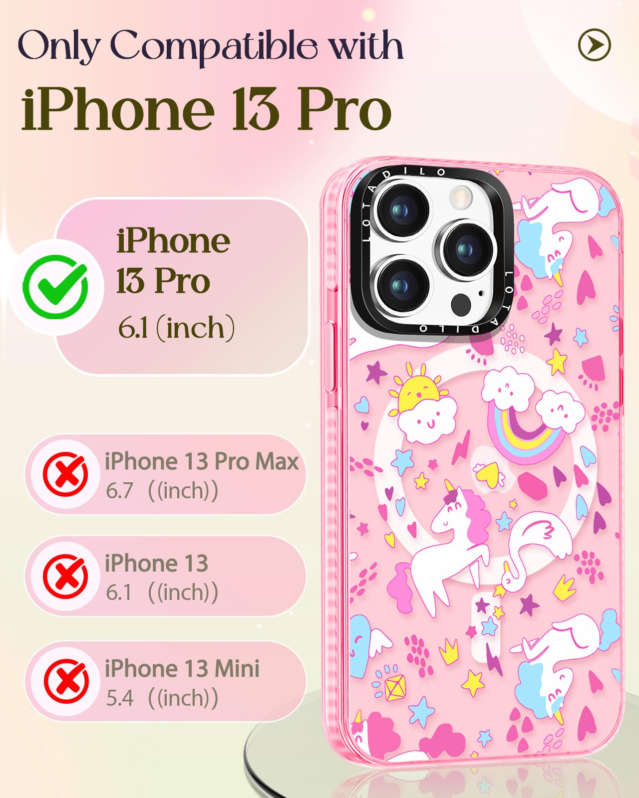 Lotadilo For Iphone 13 Pro Case For Women Girls - Cute Design Compatible With Magsafe Magnetic Ring Holder Stand Rainbow Horse A