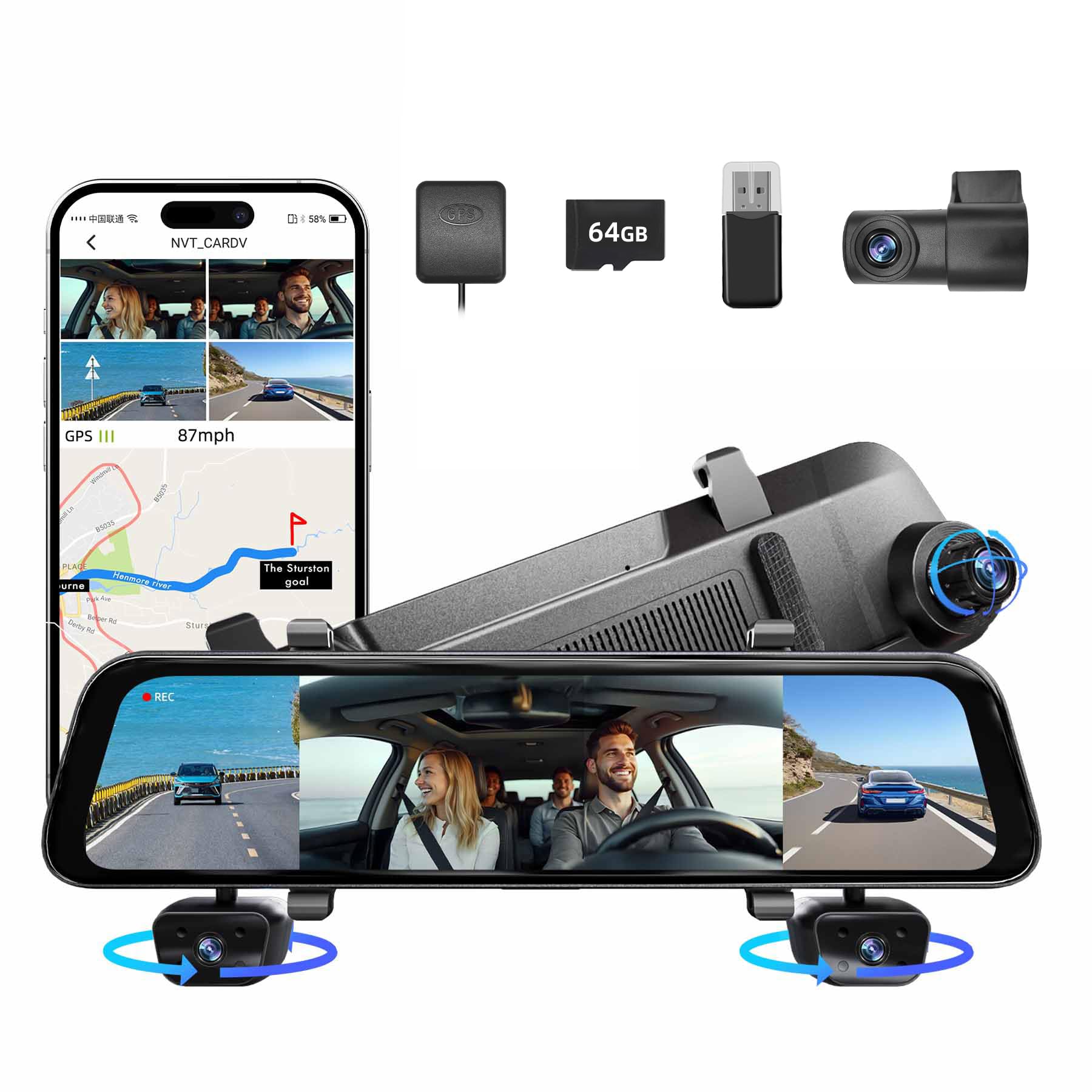2025 Rear View Mirror Camera, 4 Channel Mirror Dash Cam Front and Rear Inside, 12 Touch Screen 360 Dash Camera for Cars, Wi-Fi, 
