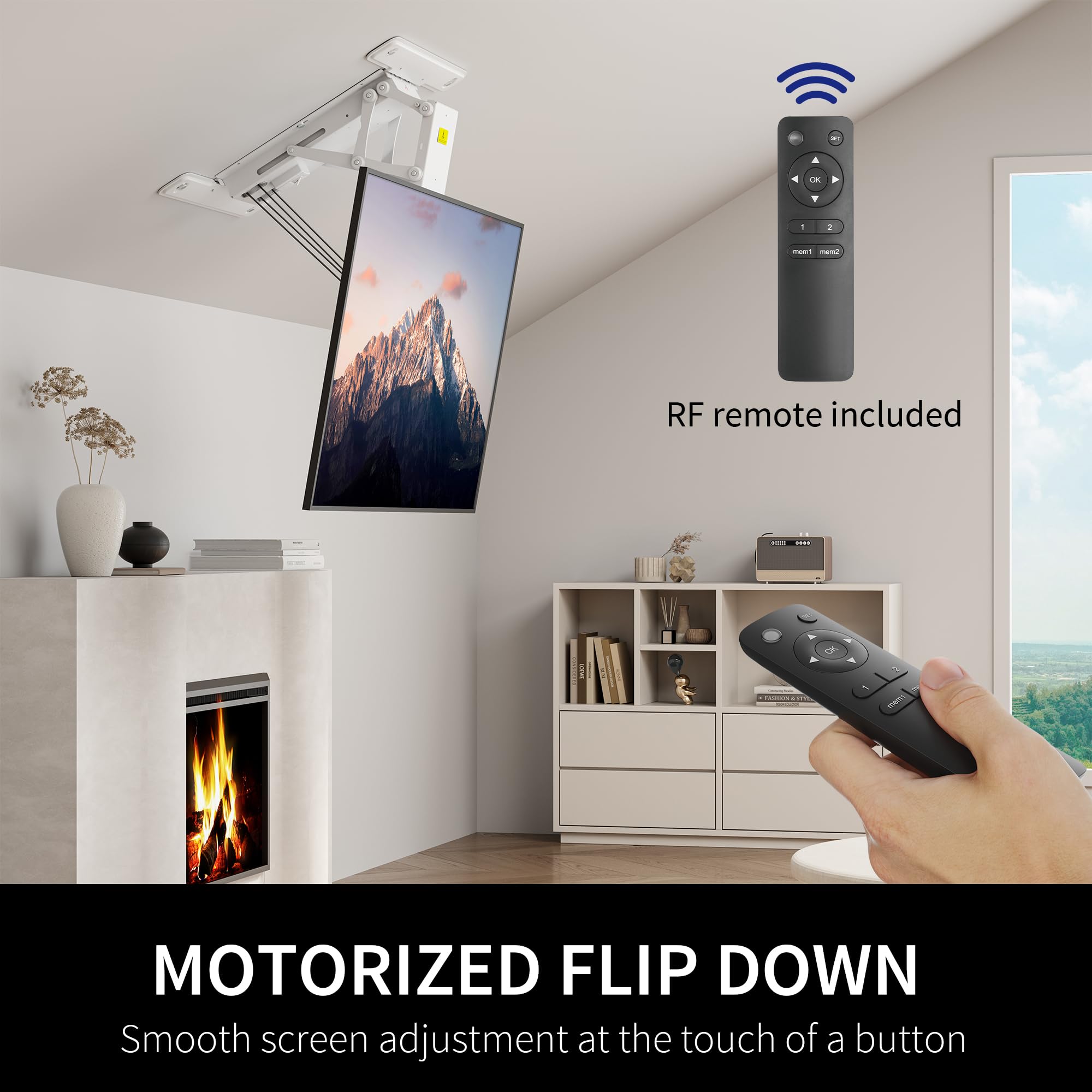 VIVO Electric TV Ceiling Mount for 40 to 85 inch Screens, Large Flip Down Motorized Pitched Roof VESA Mount, Master Pack, White, MOUNT E FD85W
