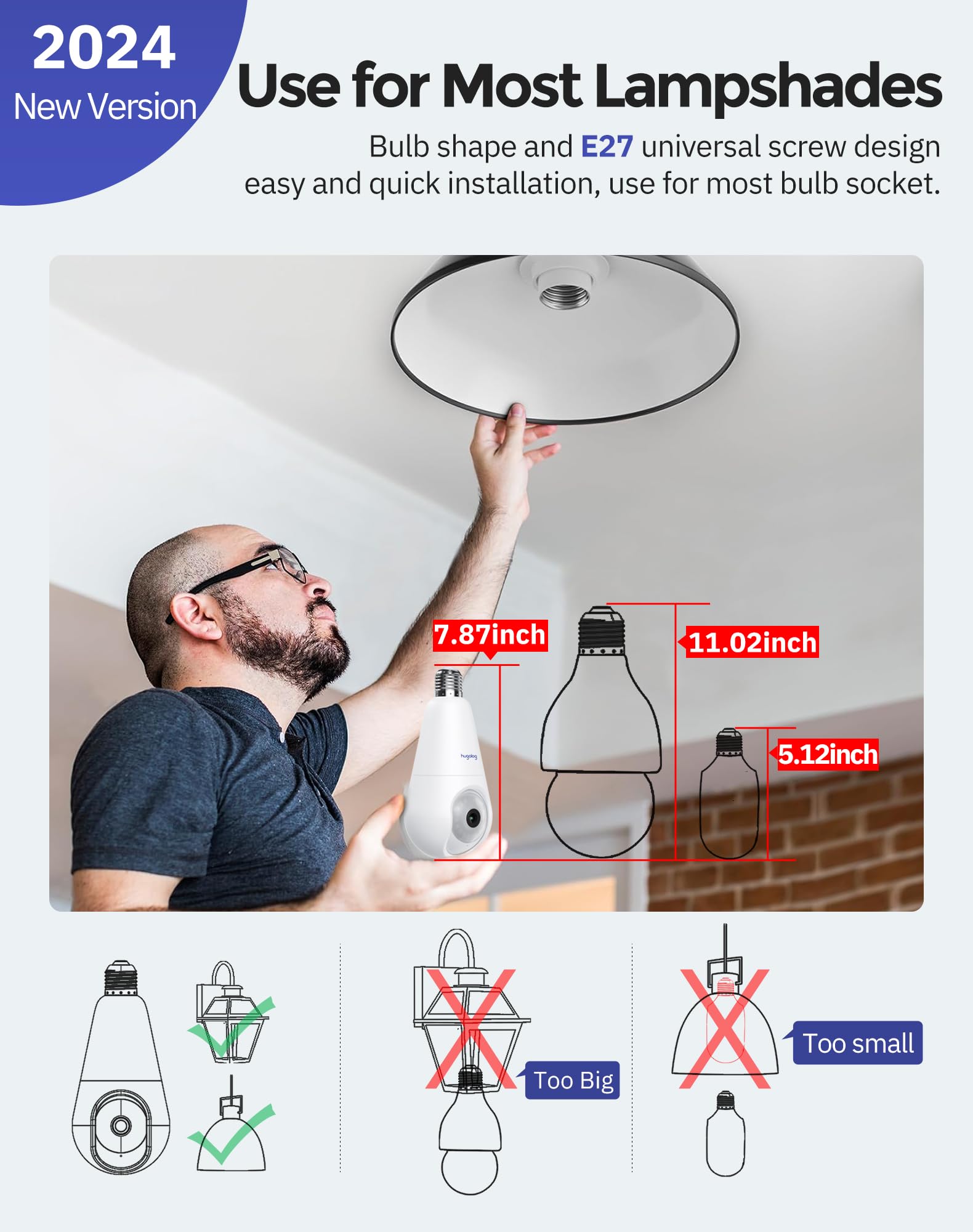 Hugolog 3K Light Bulb Security Cameras Wireless Outdoor 2.4Ghz Cameras For Home Security Indoor With Ai Sound Processing, Motion