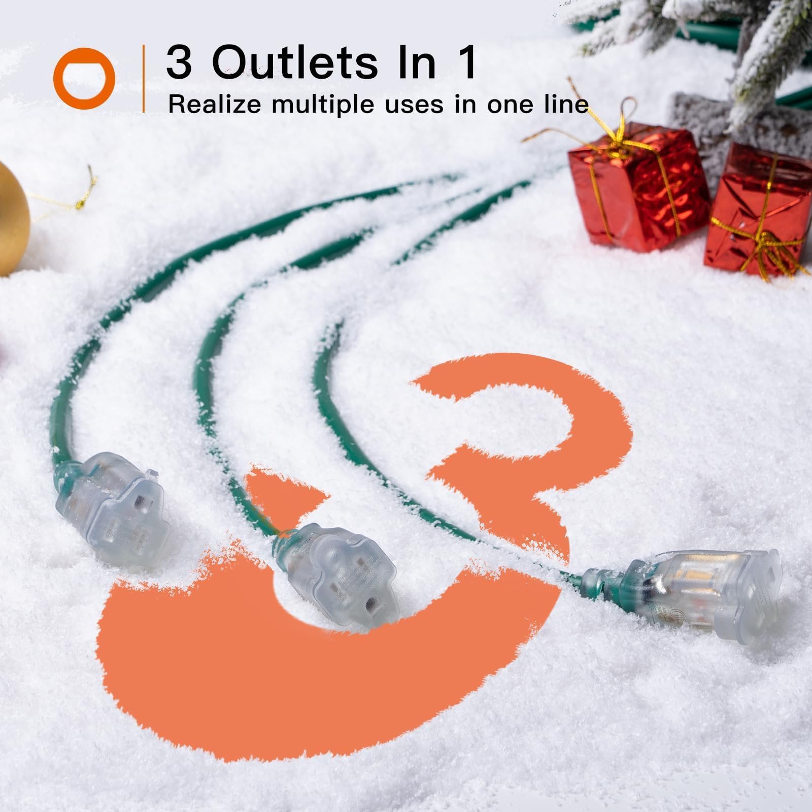 Addlon 27Ft Outdoor Extension Cord With Multiple Outlets, 1 To 3 Splitter Total 27Ft(Max Length 15Ft From End To End), 16/3 Sjtw