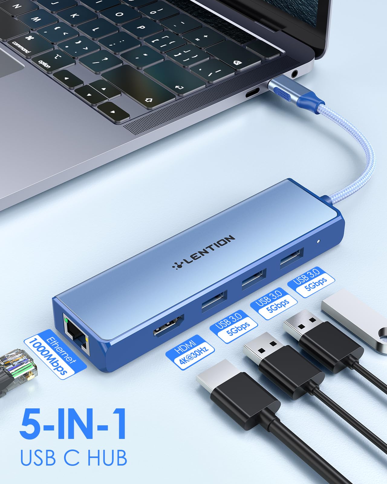 LENTION C25 USB C Hub 5-in-1 Gigabit Ethernet 4K HDMI 3 USB 3.0 Ports Blue
