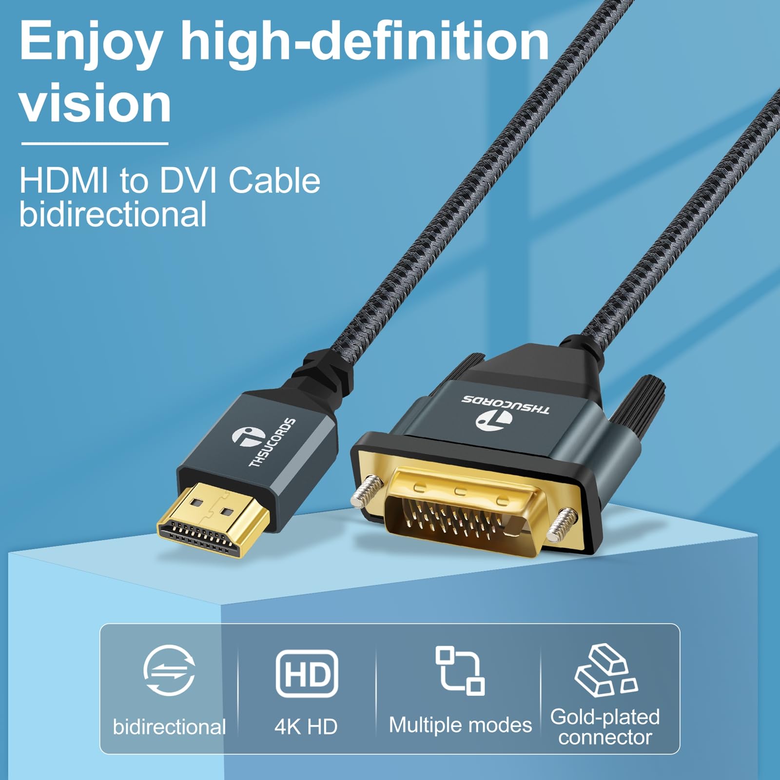 Thsucords 4K Hdmi To Dvi Cable 15Ft, Gold Plated & Braided Dvi To Hdmi Adapter Cable Bi Directional For Projector, Laptop, Tv, P