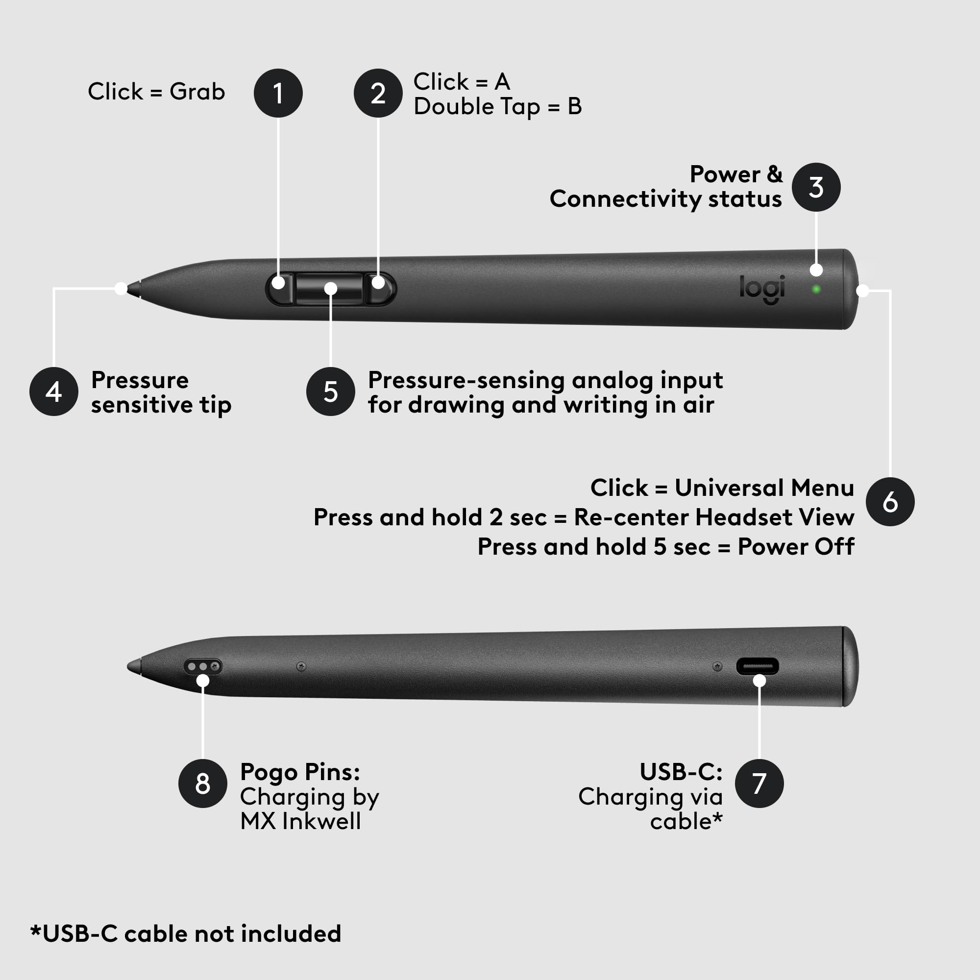 Logitech Mx Ink Mixed-Reality (Mr) Stylus With Charging Dock Combo, High Precision And Pressure Sensitive, Transforming Ideas In