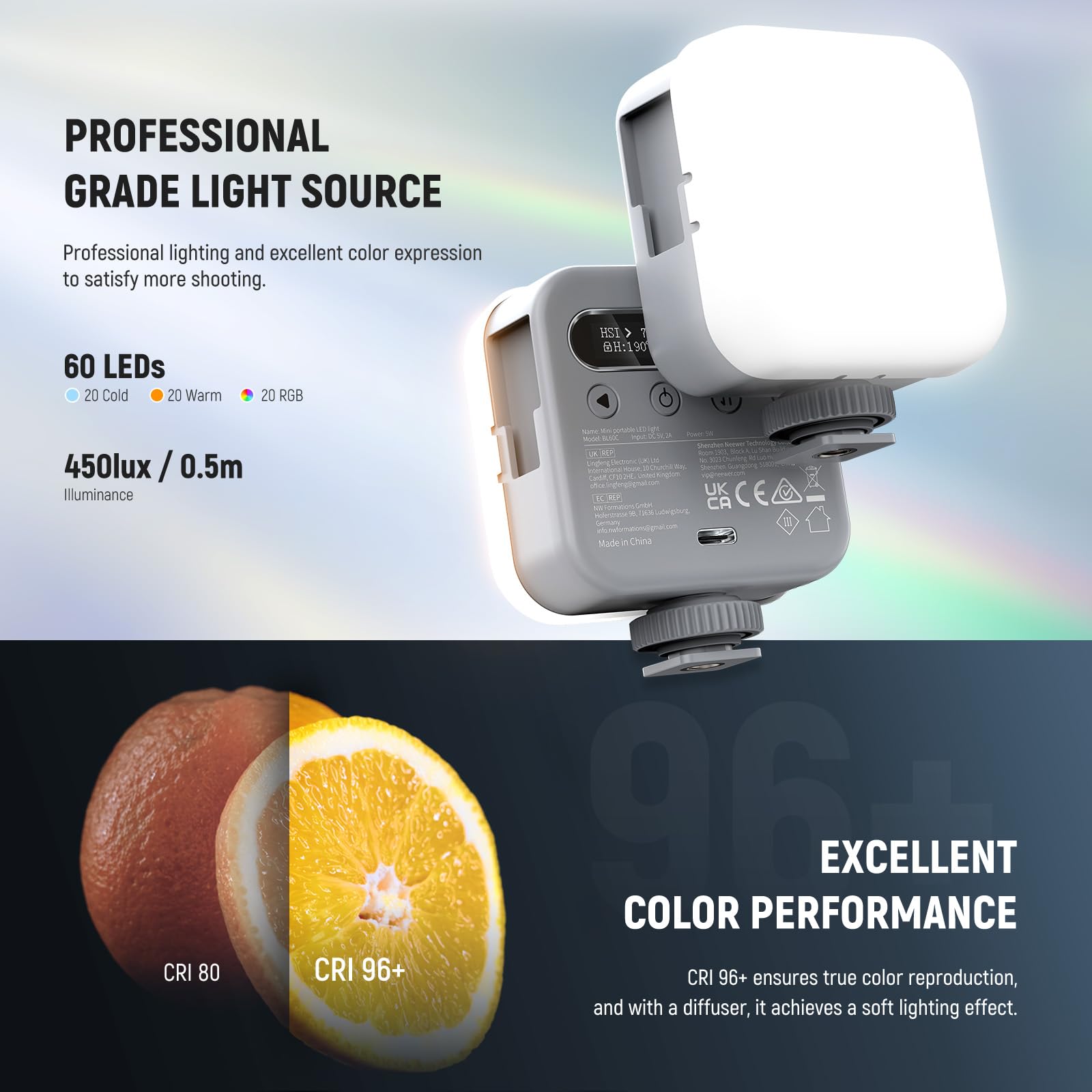 Neewer Basic Magnetic Rgb Video Light, 360 Full Rgb Mini Led Camera Light Cri96+ 2500-9000K 18 Scenes 3 Cold Shoes & 1/4, 2000Ma