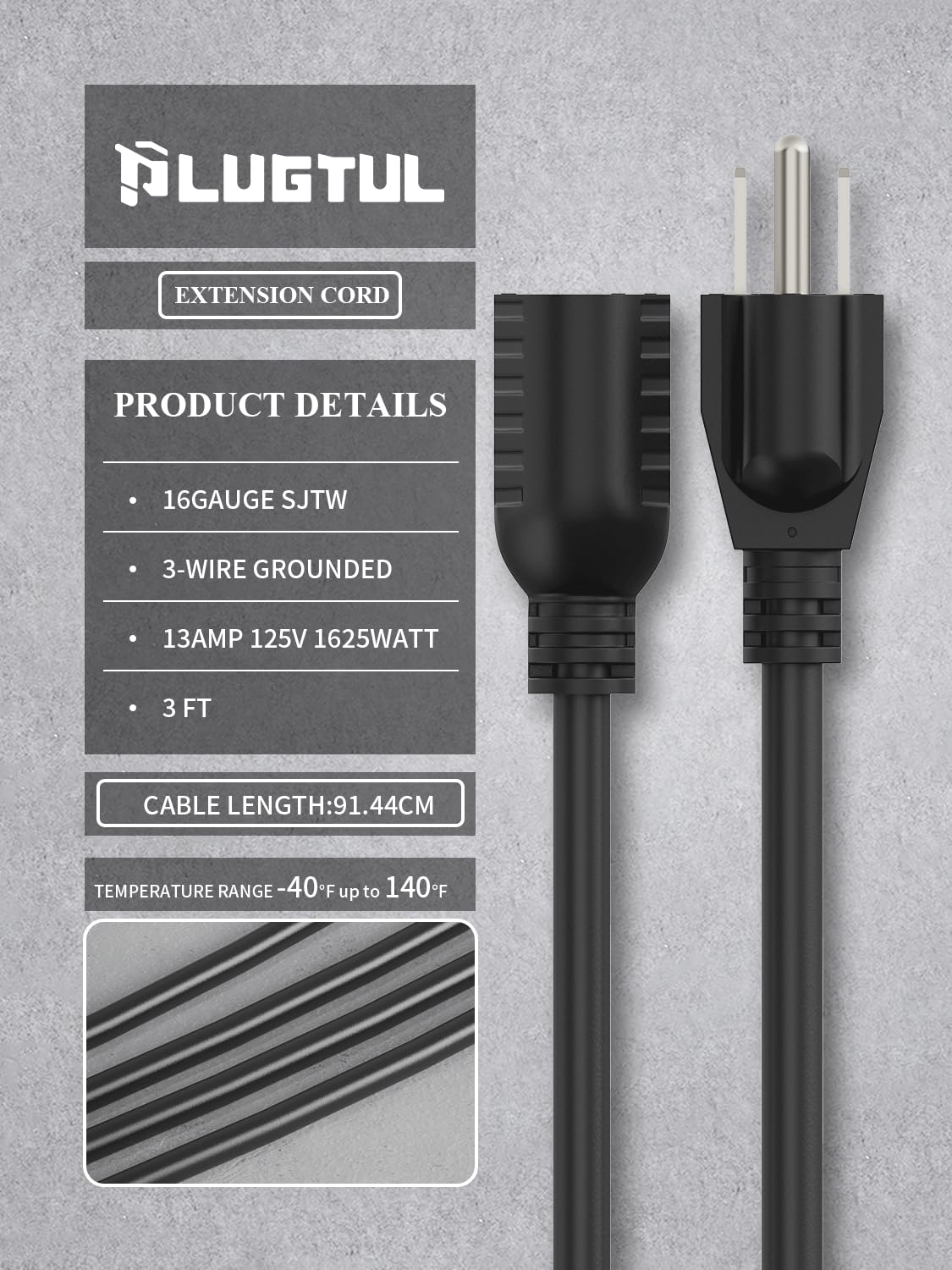 Plugtul 3 Ft Extension Cord Black, Short Power Cord, Indoor/Outdoor 16 Gauge 3 Prong Grounded Wire Etl Listed, 13A 1625W 125V Sj