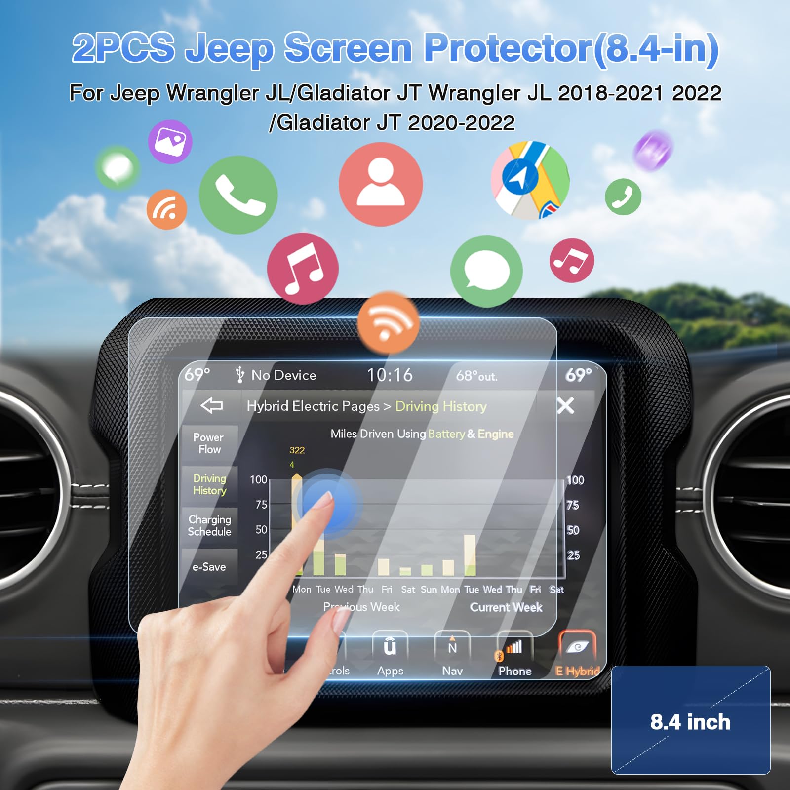 Sunsdrew 2Pcs Screen Protector For 2018 2022 Jeep Wrangler Jl/2020 2022 Gladiator Jt 8.4' Dashboard Touch Screen Radio Display Protector 9H Tempered Glass Protective Film Anti Glare