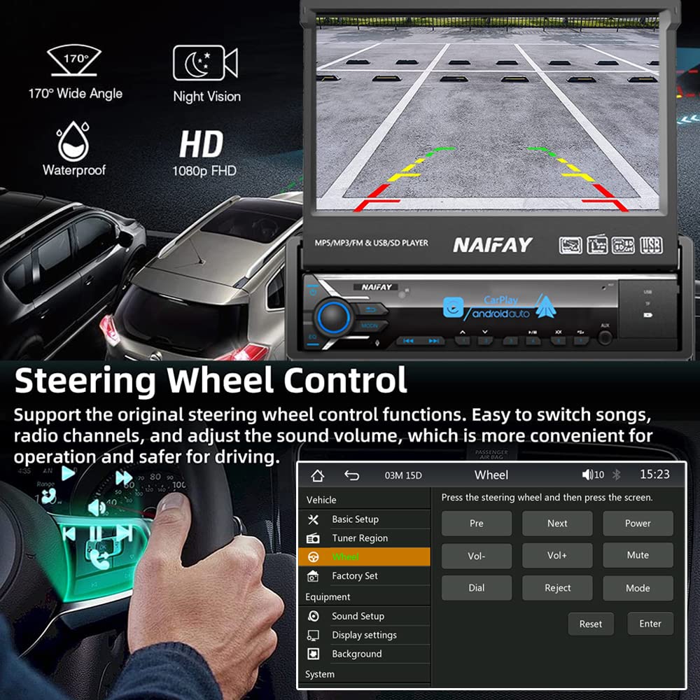 Naifay Single Din Touchscreen Car Stereo With Carplay & Android Auto, 7Inch Flip Out Screen Car Stereo With Bluetooth Car Audio