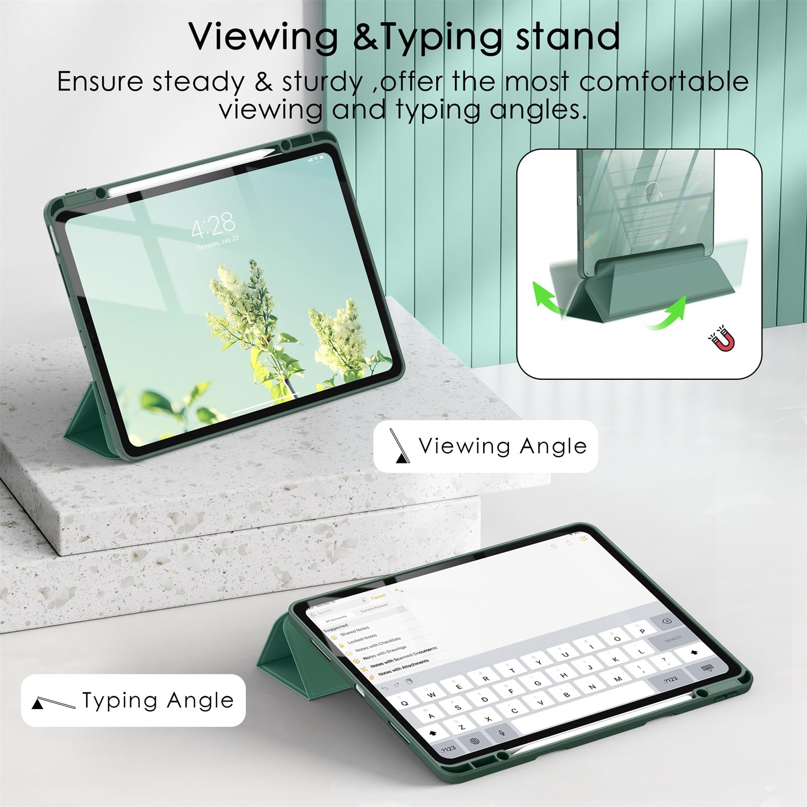 Soke Case For Ipad Air 13 M2 2024/Pro 12.9 (6Th/5Th/4Th Generation, 2022/2021/2020)   Pencil Holder+Auto Sleep/Wake+Camera Protection, Shockproof Back Cover For Ipad Pro 12.9 Inch,New Midnight Green